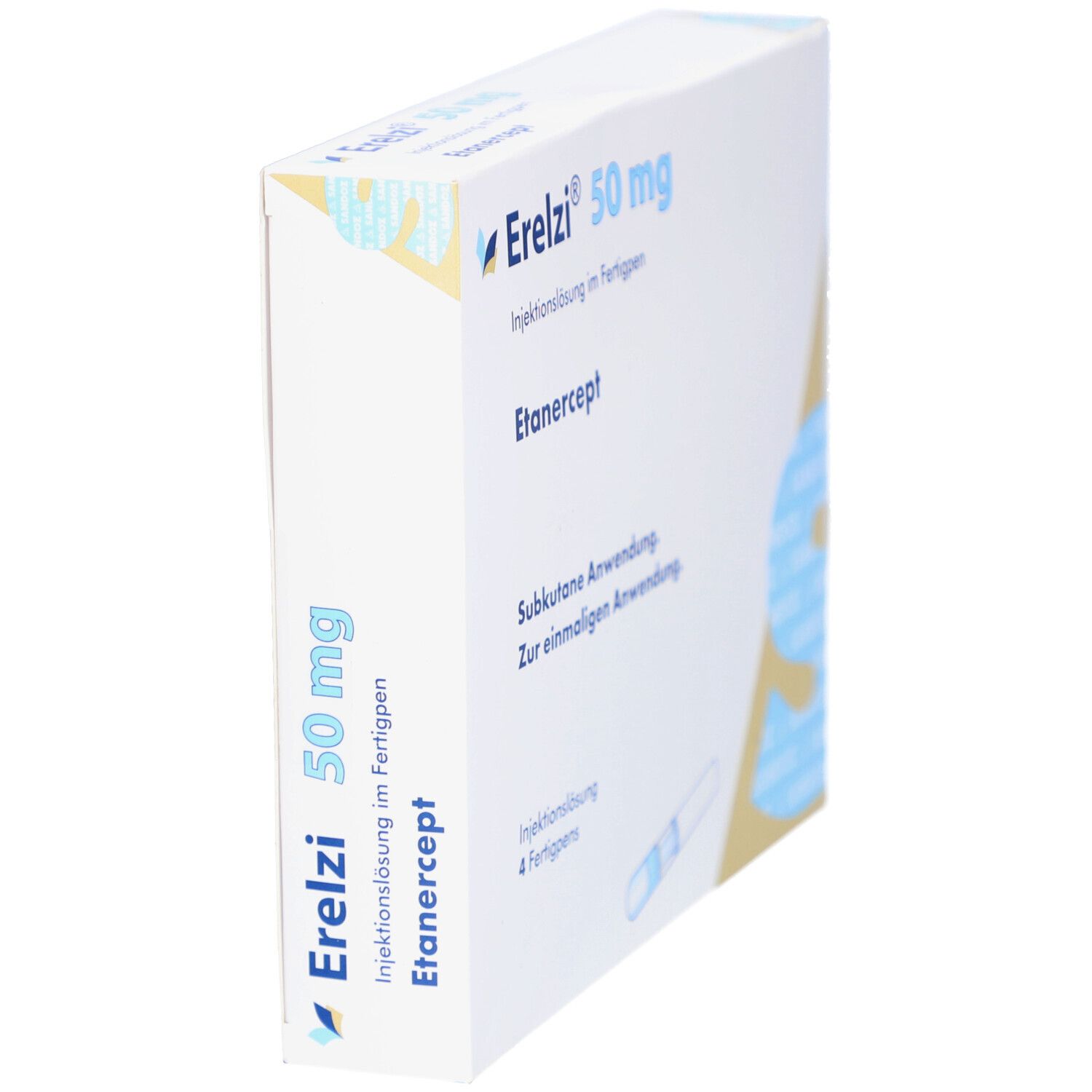 Erelzi 50 mg Schachtel, seitliche Ansicht. Aufschrift: Injektionslösung im Fertigpen, Etanercept. Weiße Verpackung mit blauen Akzenten.