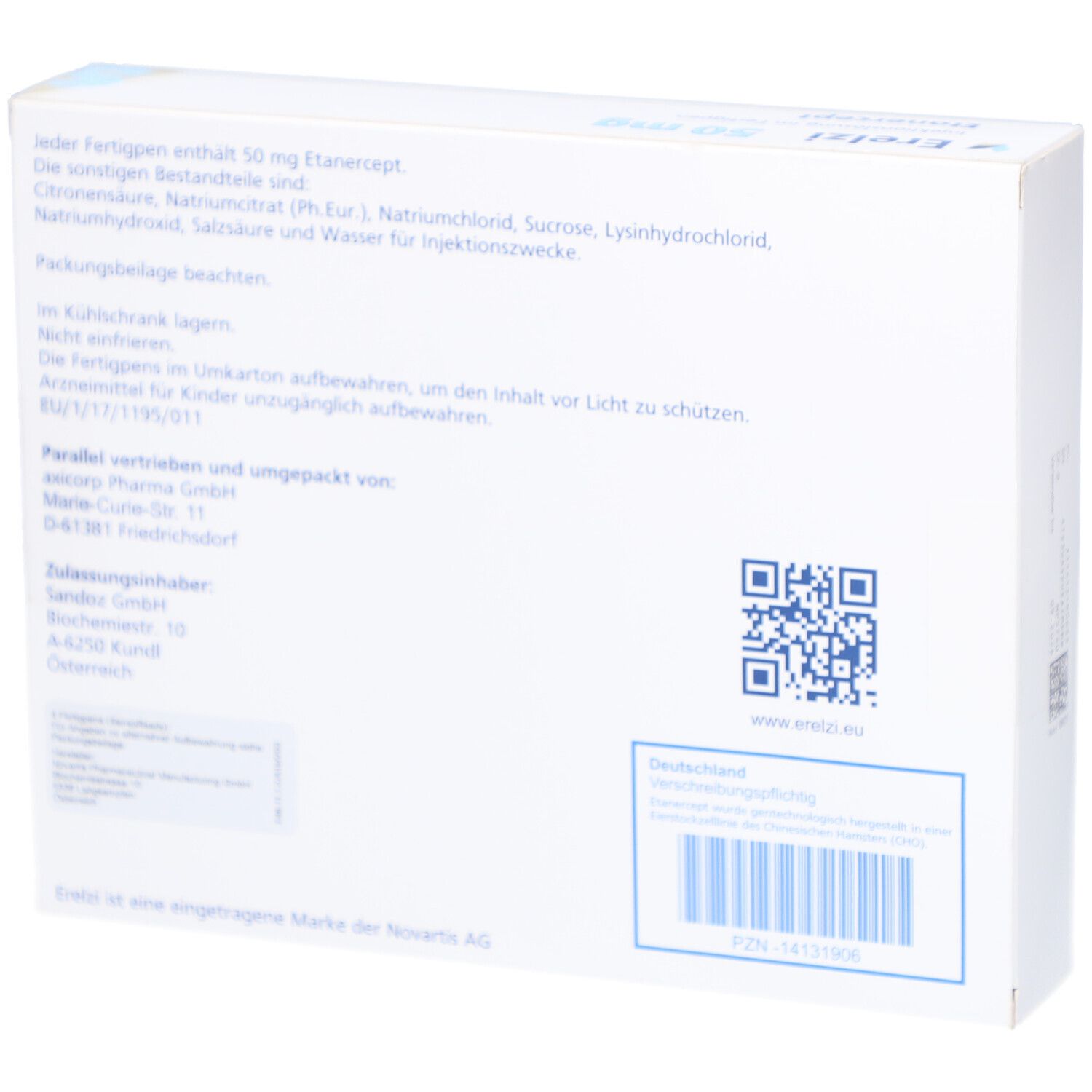 Rückseite der Erelzi 50 mg Schachtel. Enthält Informationen zu Inhaltsstoffen, Hersteller und QR-Code. Weiße Verpackung.