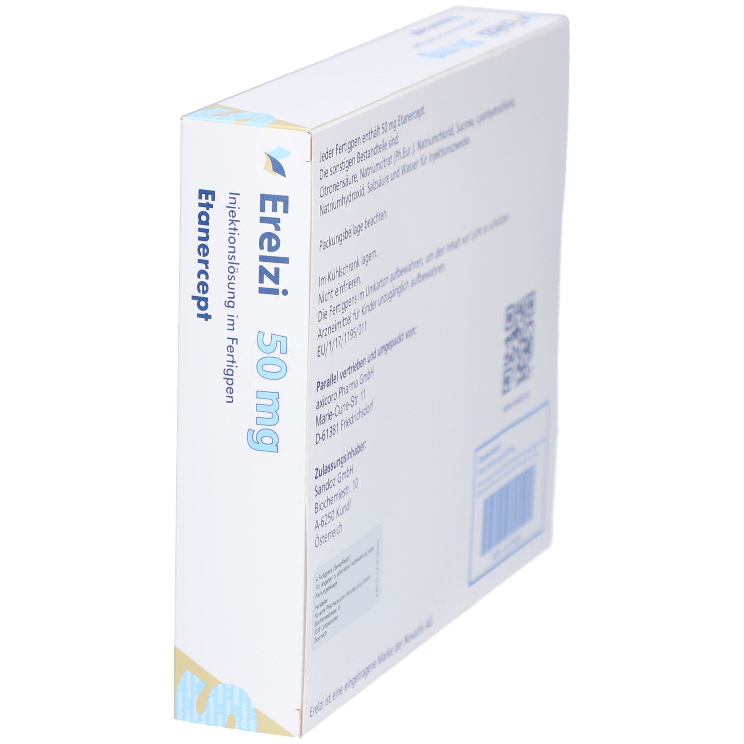 Erelzi 50 mg Schachtel, schräge Ansicht der Rückseite. Enthält Informationen und QR-Code. Weiße Verpackung.