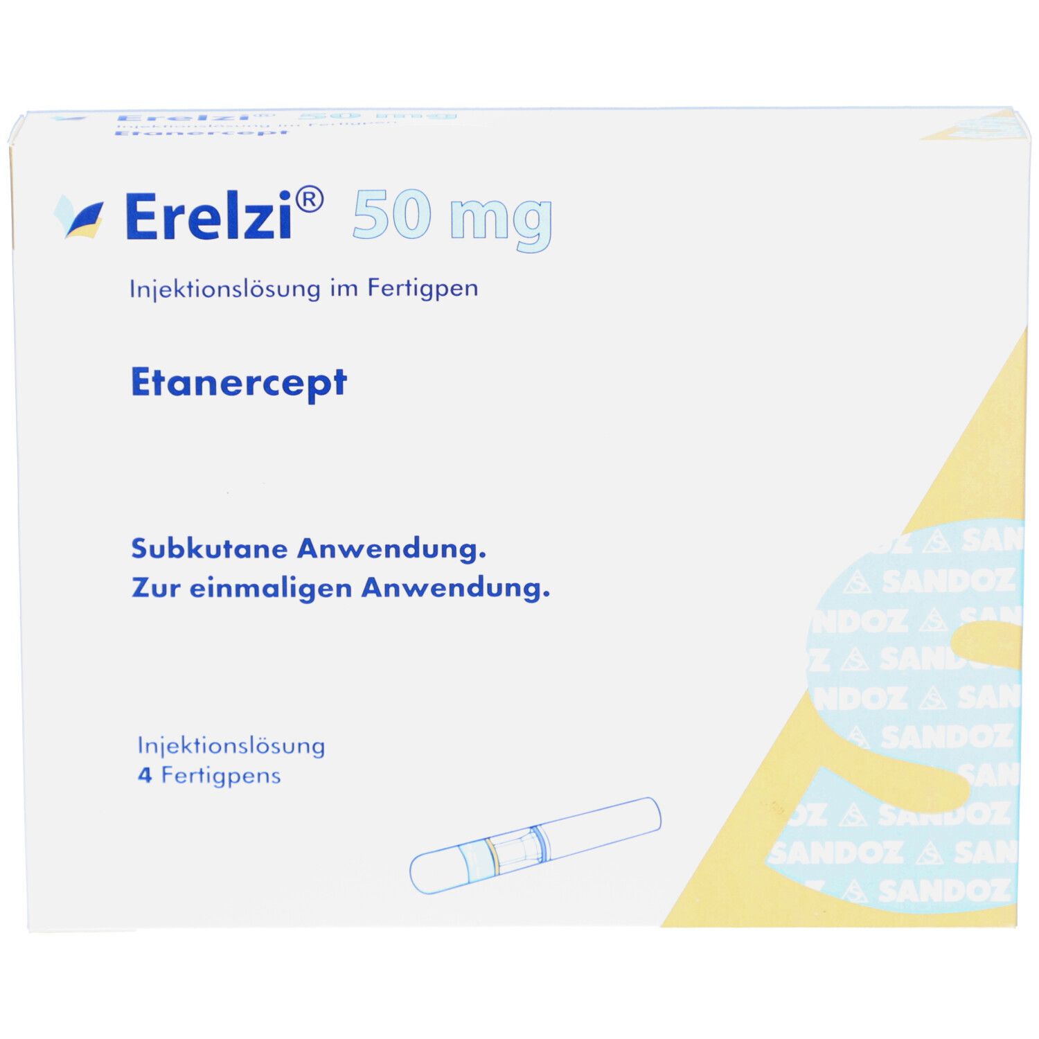 Erelzi 50 mg Schachtel. Aufschrift: Injektionslösung im Fertigpen, Etanercept. Enthält 4 Fertigpens. Weiße Verpackung.