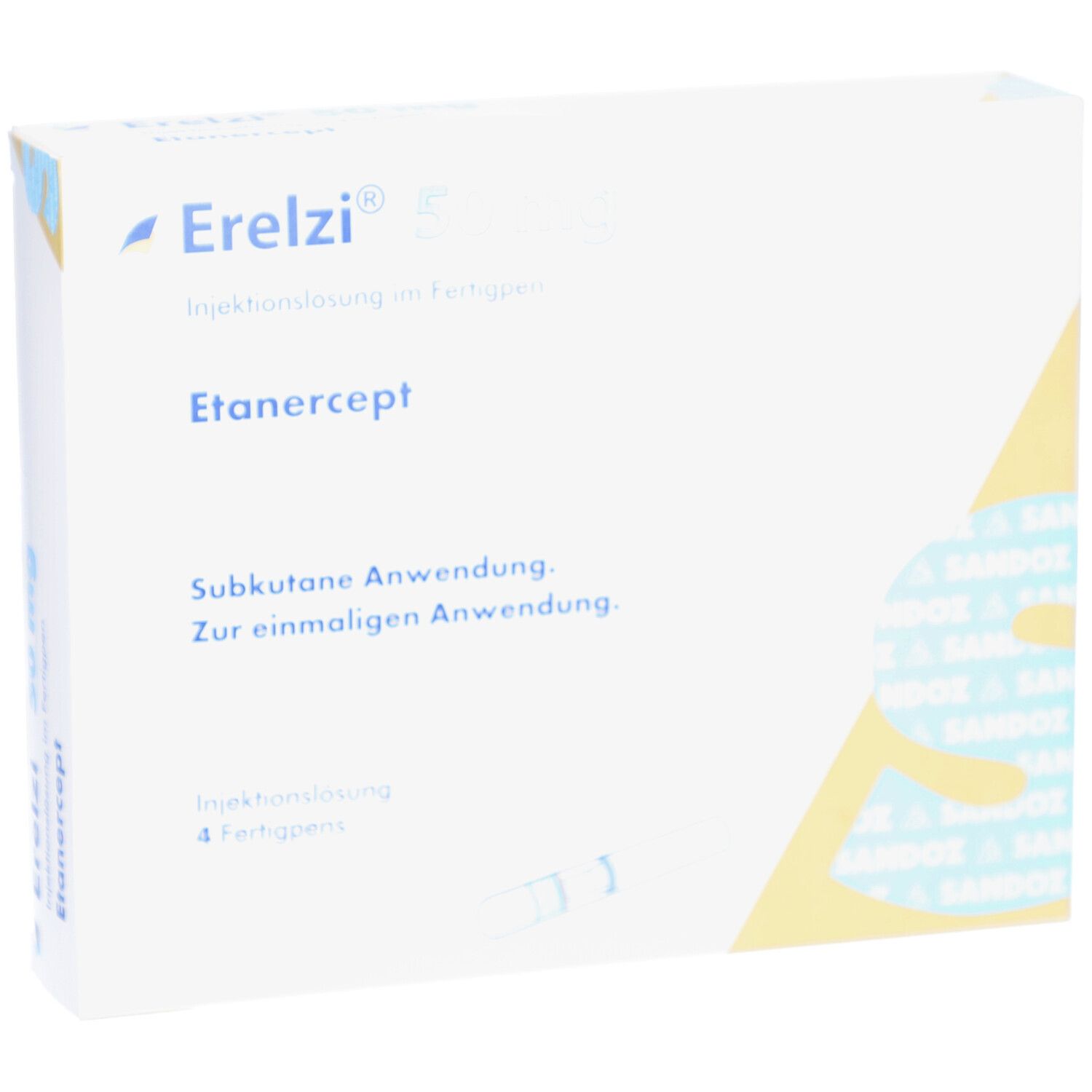 Erelzi 50 mg Schachtel. Aufschrift: Injektionslösung im Fertigpen, Etanercept. Enthält 4 Fertigpens. Weiße Verpackung.