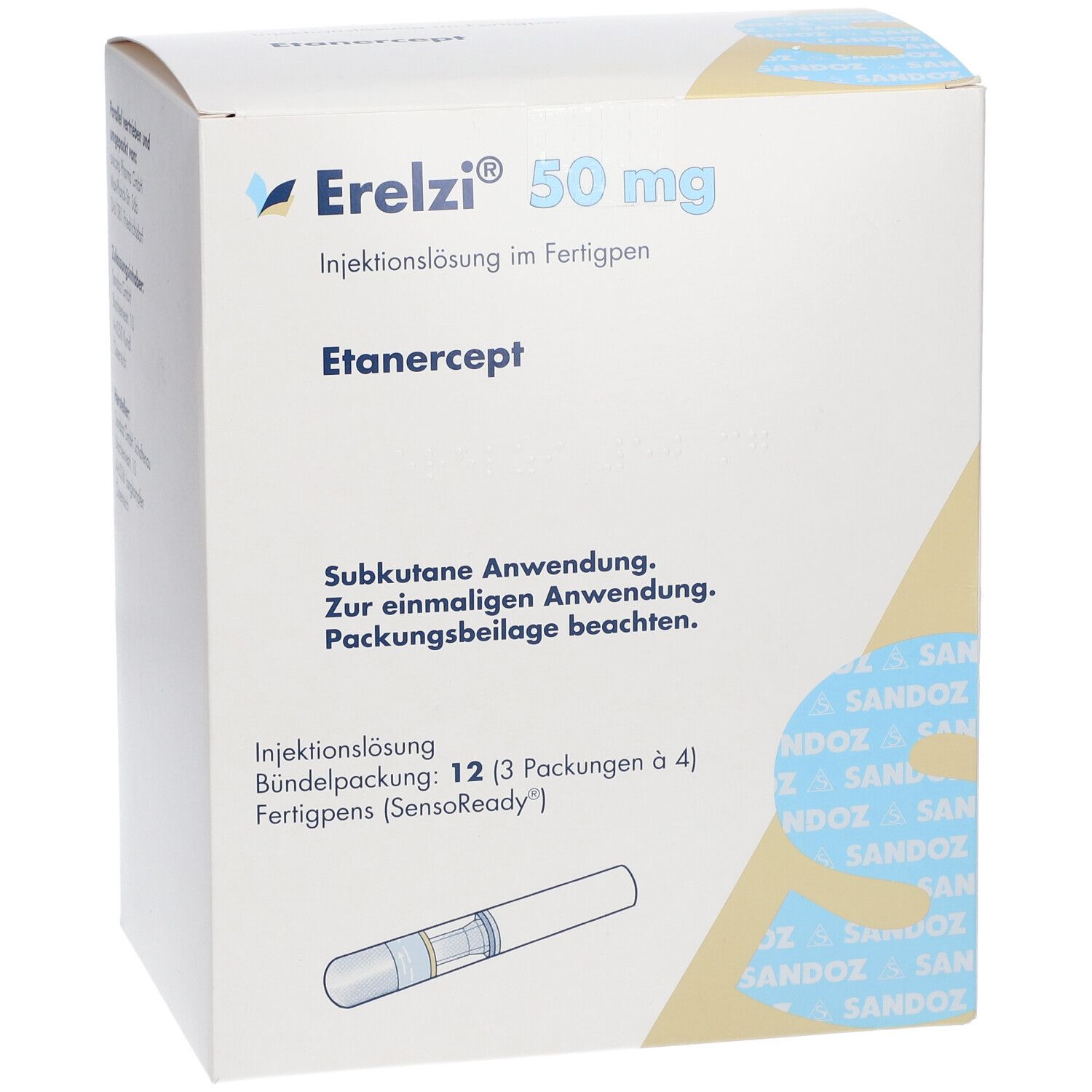 Weiße Verpackung von Erelzi® 50 mg. Text: Injektionslösung im Fertigpen, Etanercept. Enthält 12 Fertigpens (3 Packungen à 4).