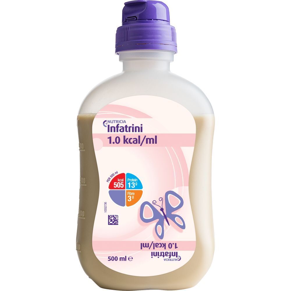 Flasche Infatrini Sondennahrung. Mit lila Verschluss. Aufkleber mit Produktinformationen und Schmetterling. 500 ml.