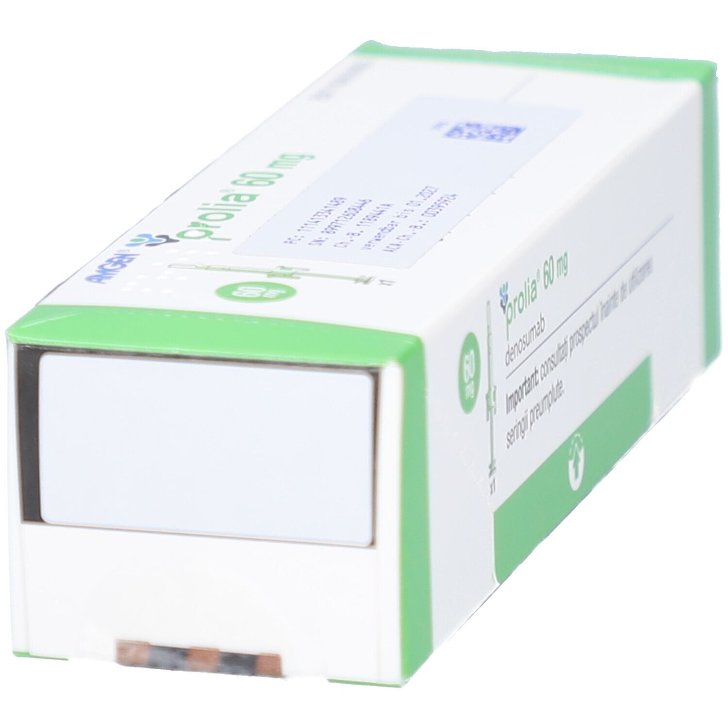 Karton PROLIA 60 mg. Weiße Seite mit grünen Akzenten. Aufschrift: PROLIA 60 mg, Denosumab. Mit Öffnung.