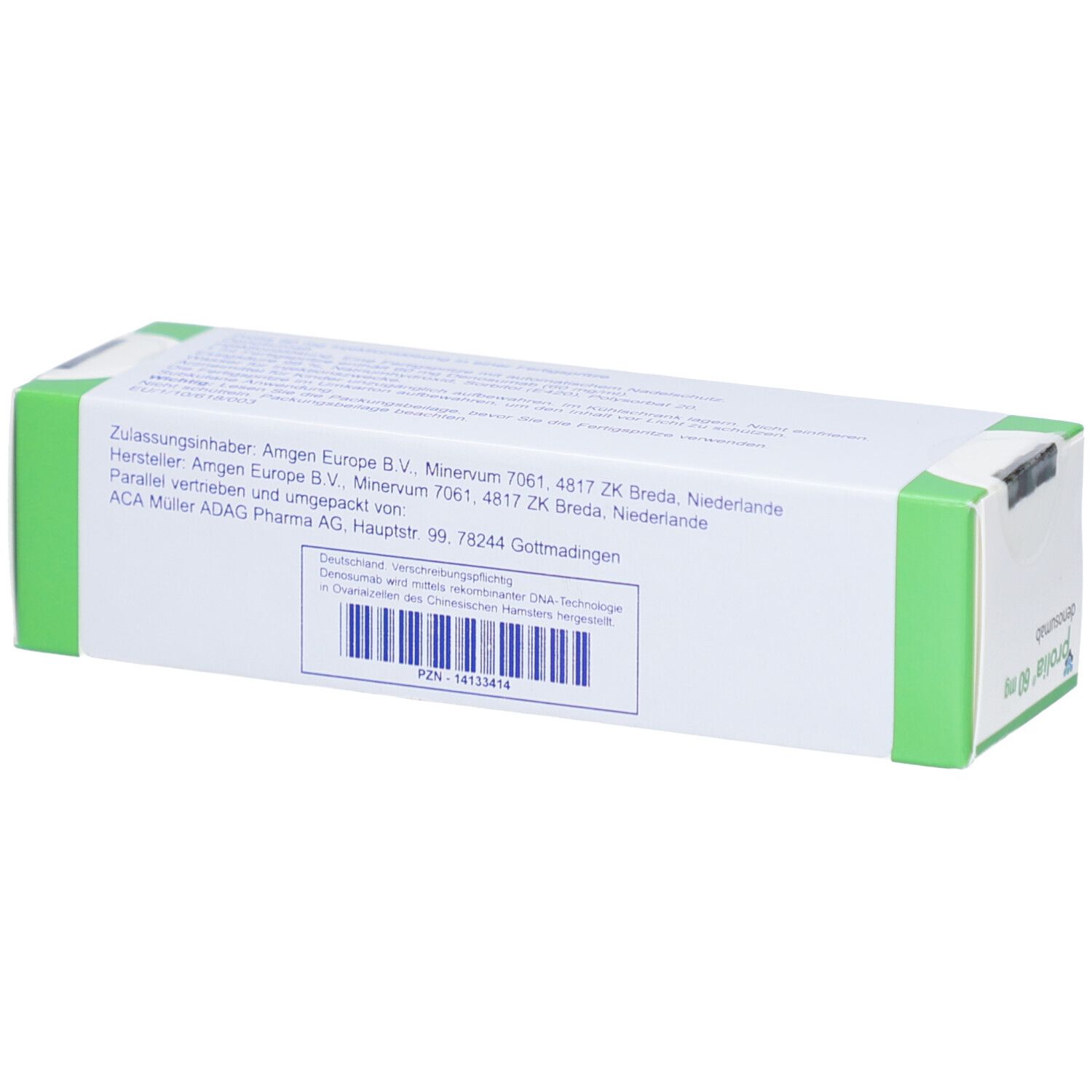 Rückseite der PROLIA 60 mg Verpackung. Weiße Schrift auf weißem Grund. Barcode und Herstellerinformationen.
