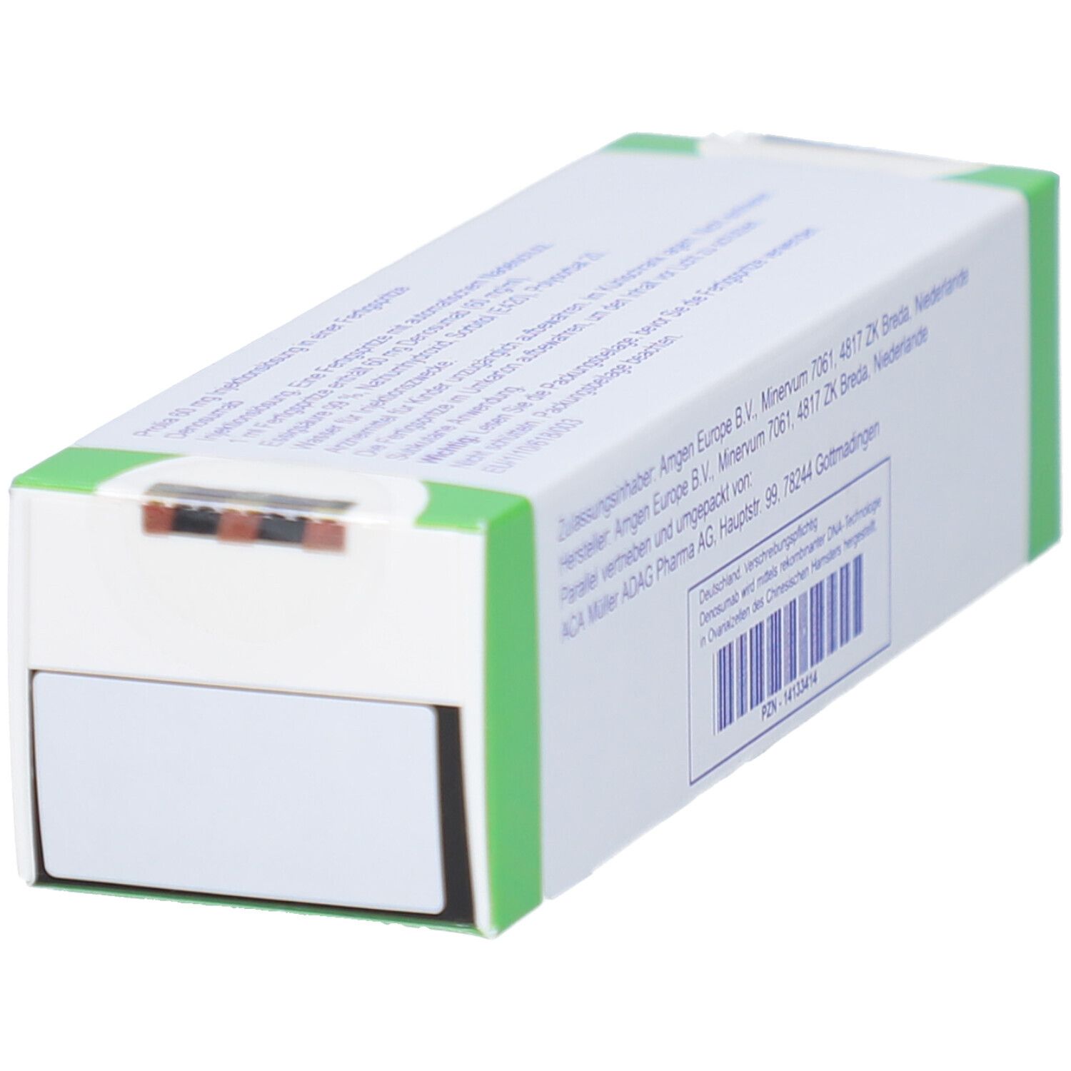 PROLIA 60 mg Verpackung. Weiße Seite mit grünen Akzenten. Barcode und Herstellerinformationen.