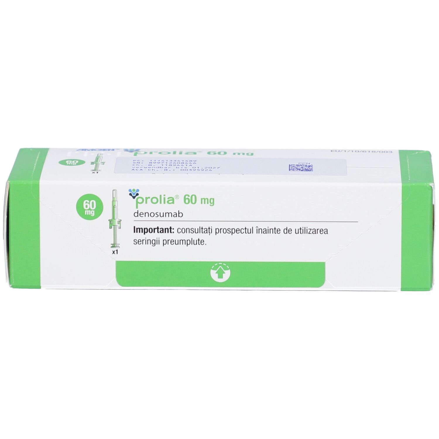 PROLIA 60 mg Karton. Grün-weiße Verpackung. Aufschrift: PROLIA 60 mg, Denosumab. Mit Fertigspritze-Symbol.