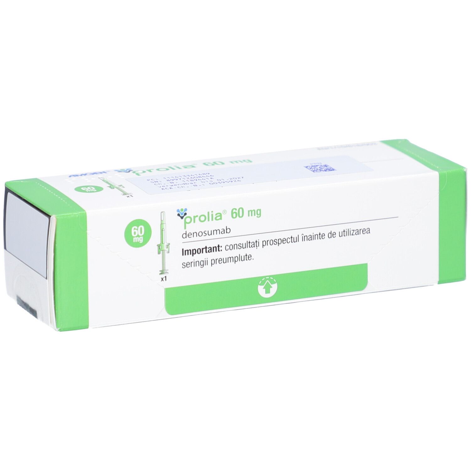 PROLIA 60 mg Karton. Grün-weiße Verpackung. Aufschrift: PROLIA 60 mg, Denosumab. Mit Fertigspritze-Symbol.
