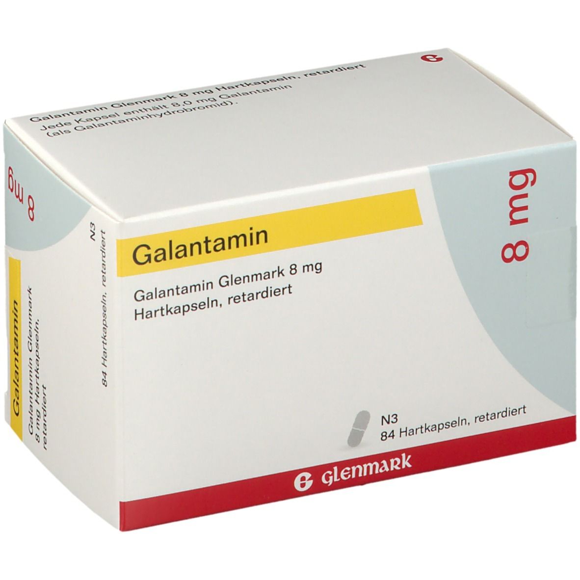 Galantamin Glenmark 8 mg-Verpackung. Weißer Karton mit gelbem Streifen. Schriftzug Galantamin und 8 mg.