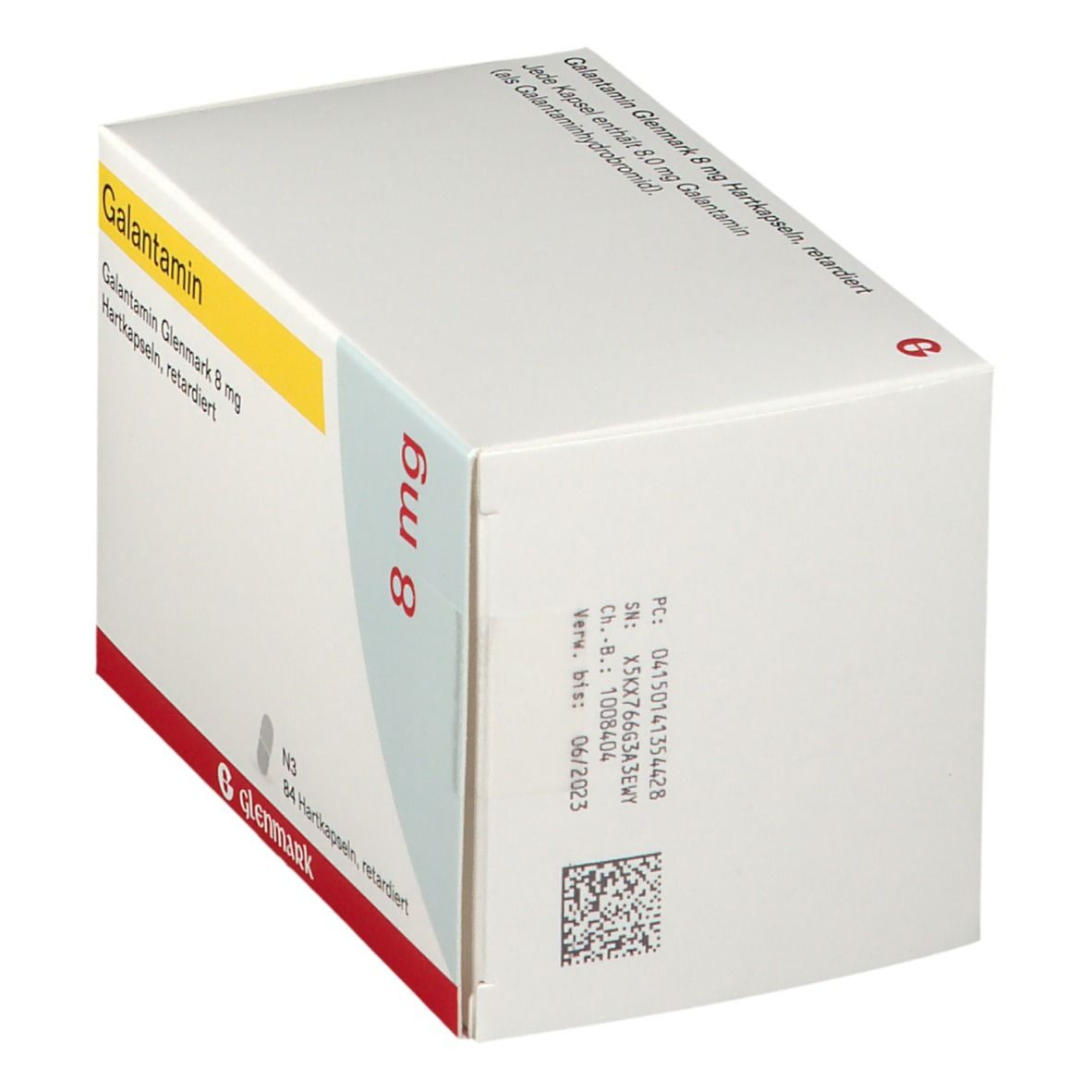 Galantamin Glenmark 8 mg-Verpackung. Weißer Karton mit Aufdrucken. 8 mg-Angabe. Glenmark-Logo.