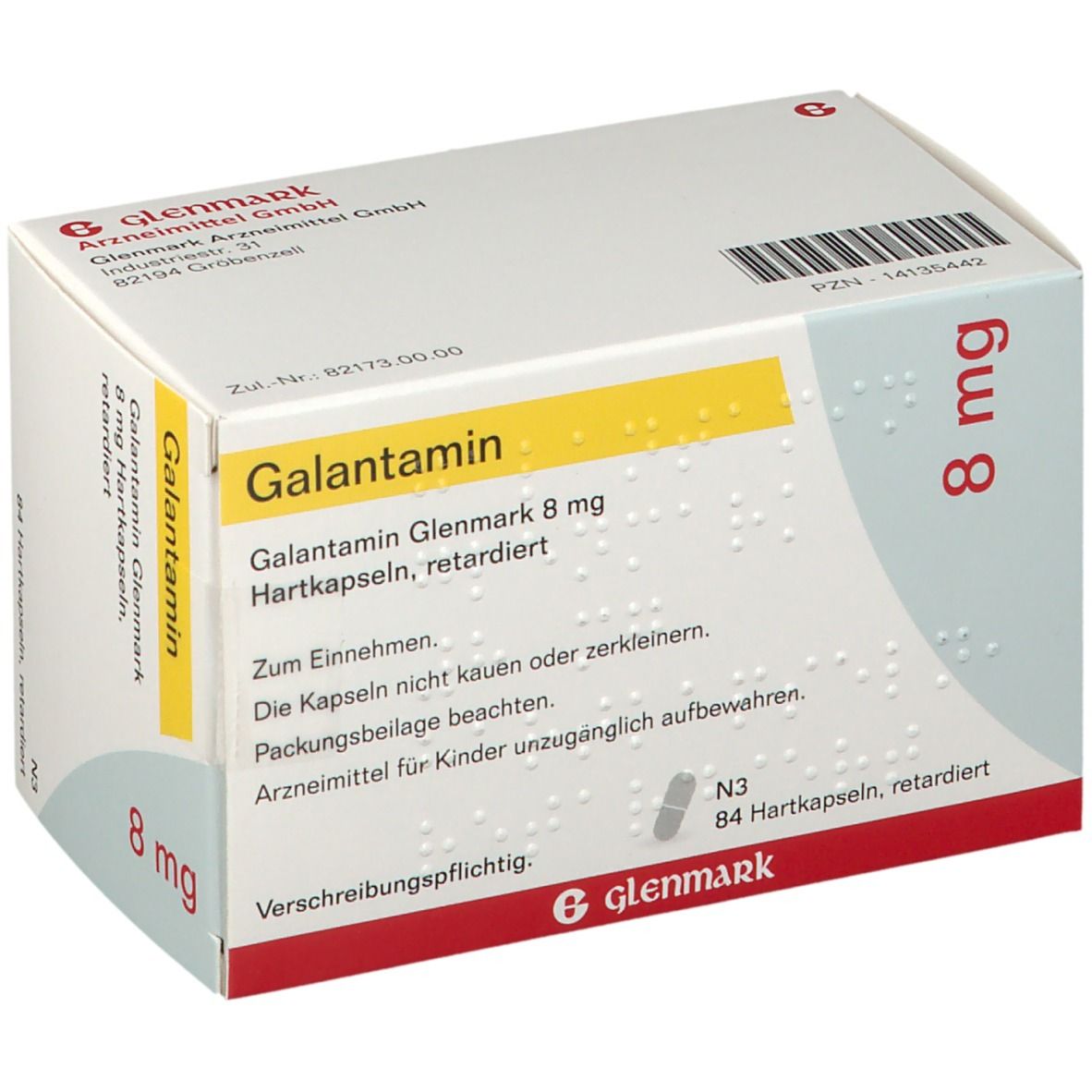 Galantamin Glenmark 8 mg-Verpackung. Weißer Karton mit gelbem Streifen. Schriftzug Galantamin und 8 mg.