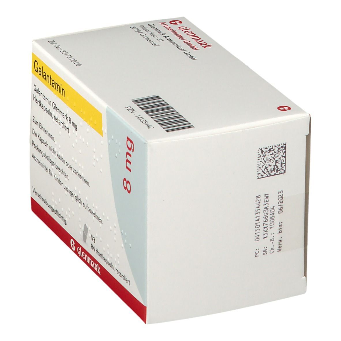 Galantamin Glenmark 8 mg-Verpackung. Weißer Karton mit Aufdrucken. 8 mg-Angabe. Glenmark-Logo.