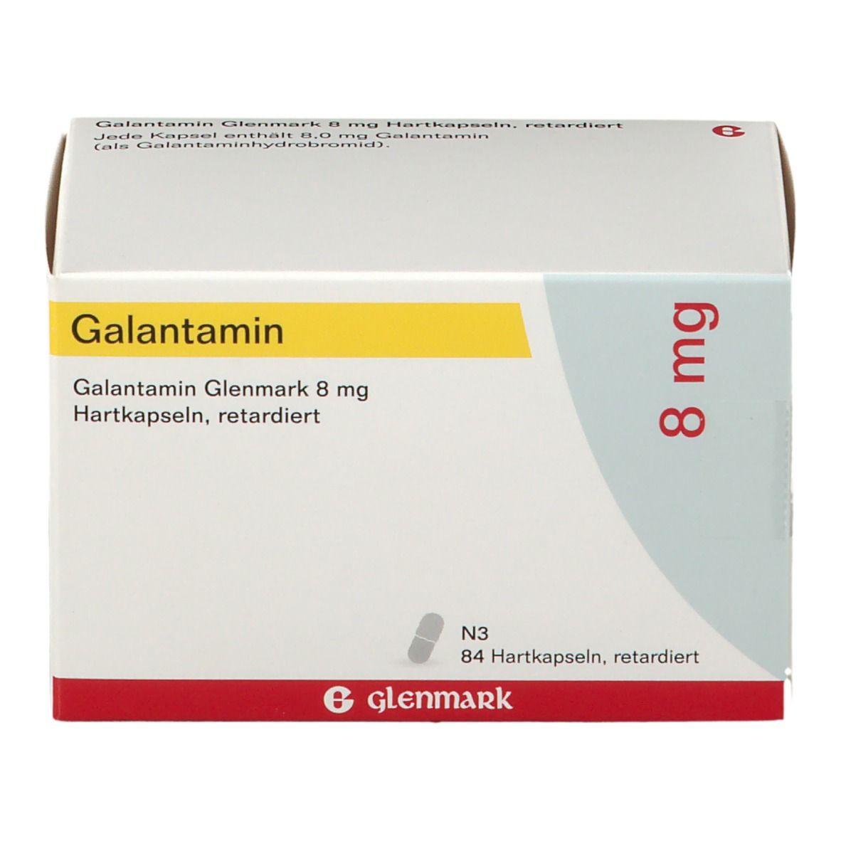 Galantamin Glenmark 8 mg-Verpackung. Weißer Karton mit gelbem Streifen. Schriftzug Galantamin und 8 mg.
