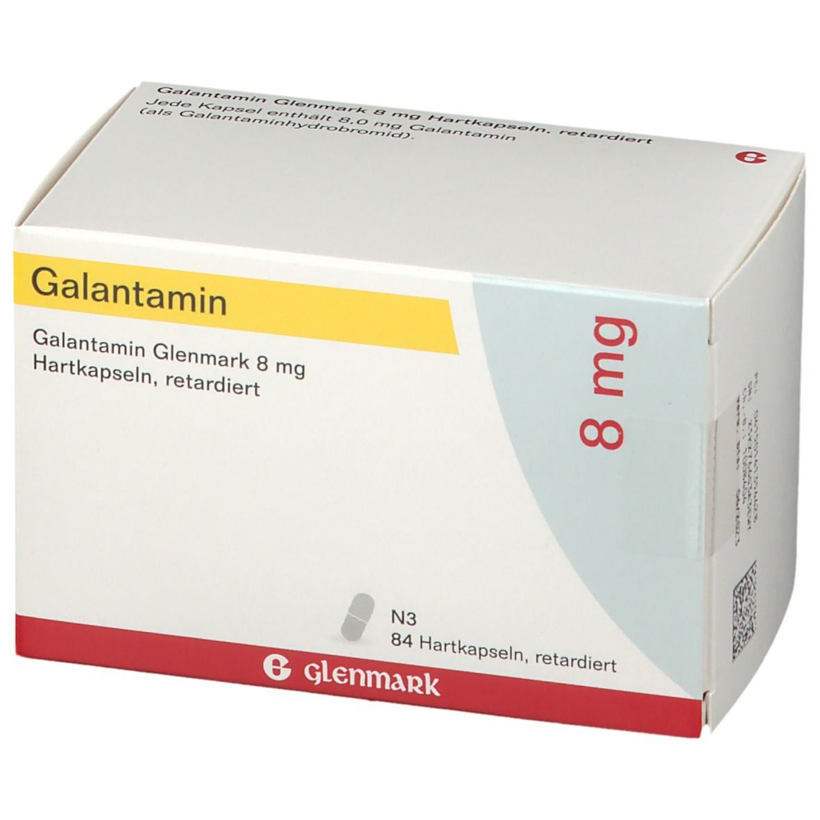Galantamin Glenmark 8 mg-Verpackung. Weißer Karton mit rotem Streifen. Schriftzug Galantamin und 8 mg.