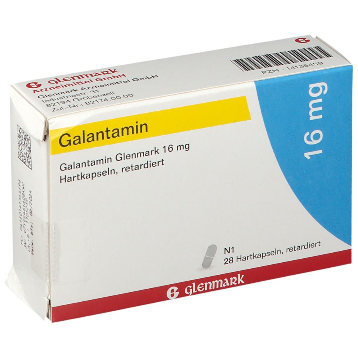 Schachtel mit Galantamin Glenmark 16 mg. Gelber Streifen mit Produktnamen. Blaue Ecke mit 16 mg. 28 Hartkapseln, retardiert.