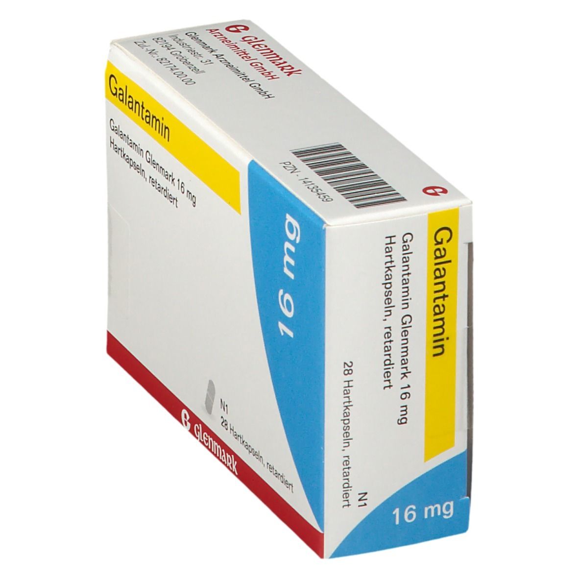 Schachtel Galantamin Glenmark 16 mg. Blaue Ecke mit 16 mg. Gelber Streifen mit Produktnamen. 28 Hartkapseln, retardiert.