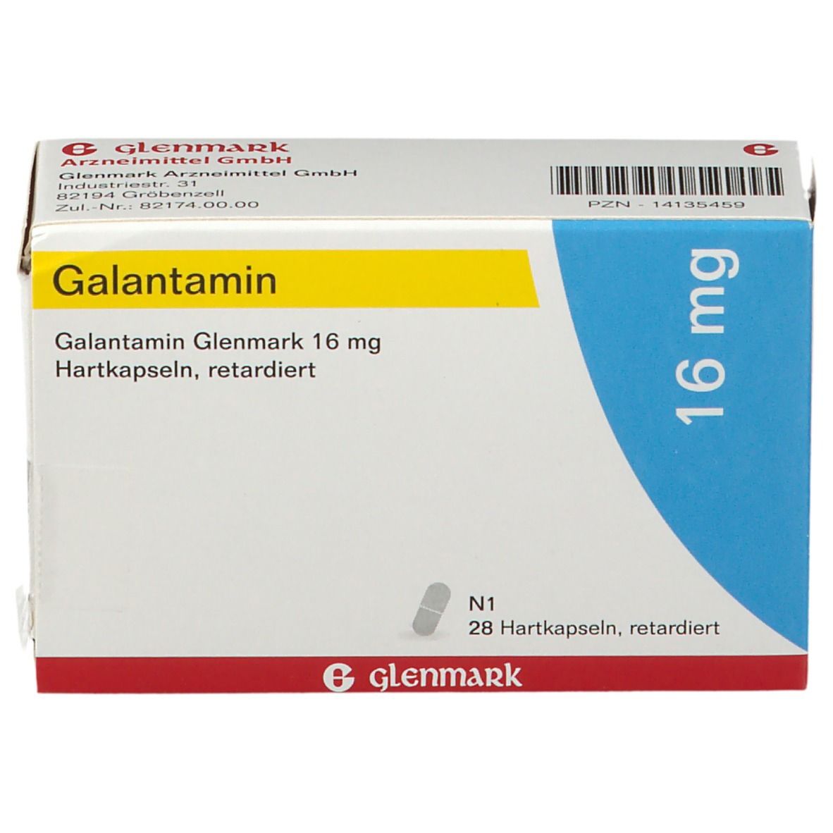 Schachtel mit Galantamin Glenmark 16 mg. Gelber Streifen mit Produktnamen. Blaue Ecke mit 16 mg. 28 Hartkapseln, retardiert.