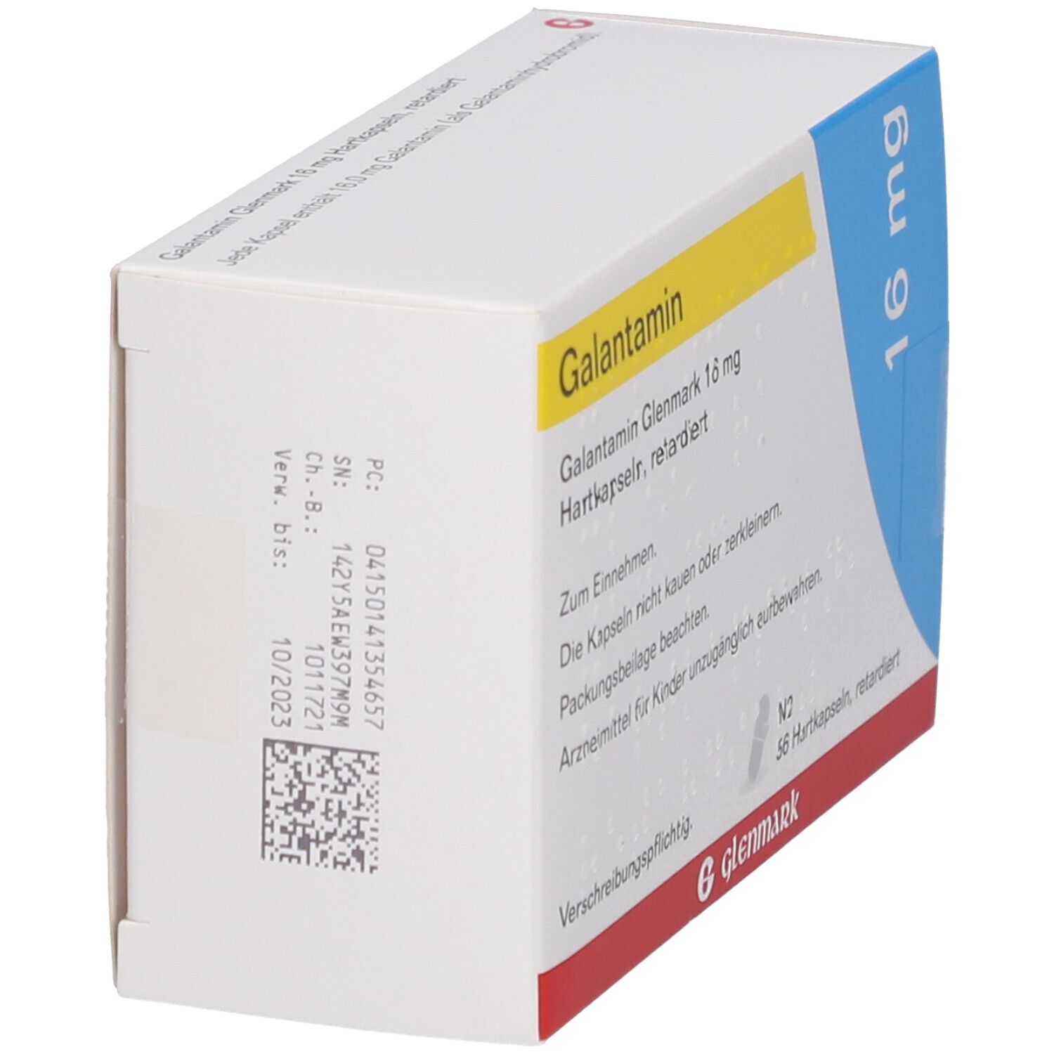 Schachtel, weiß-blau, mit gelbem Streifen. Aufschrift: Galantamin Glenmark 16 mg. 56 Hartkapseln, retardiert. Logo Glenmark. QR-Code und Verfallsdatum.