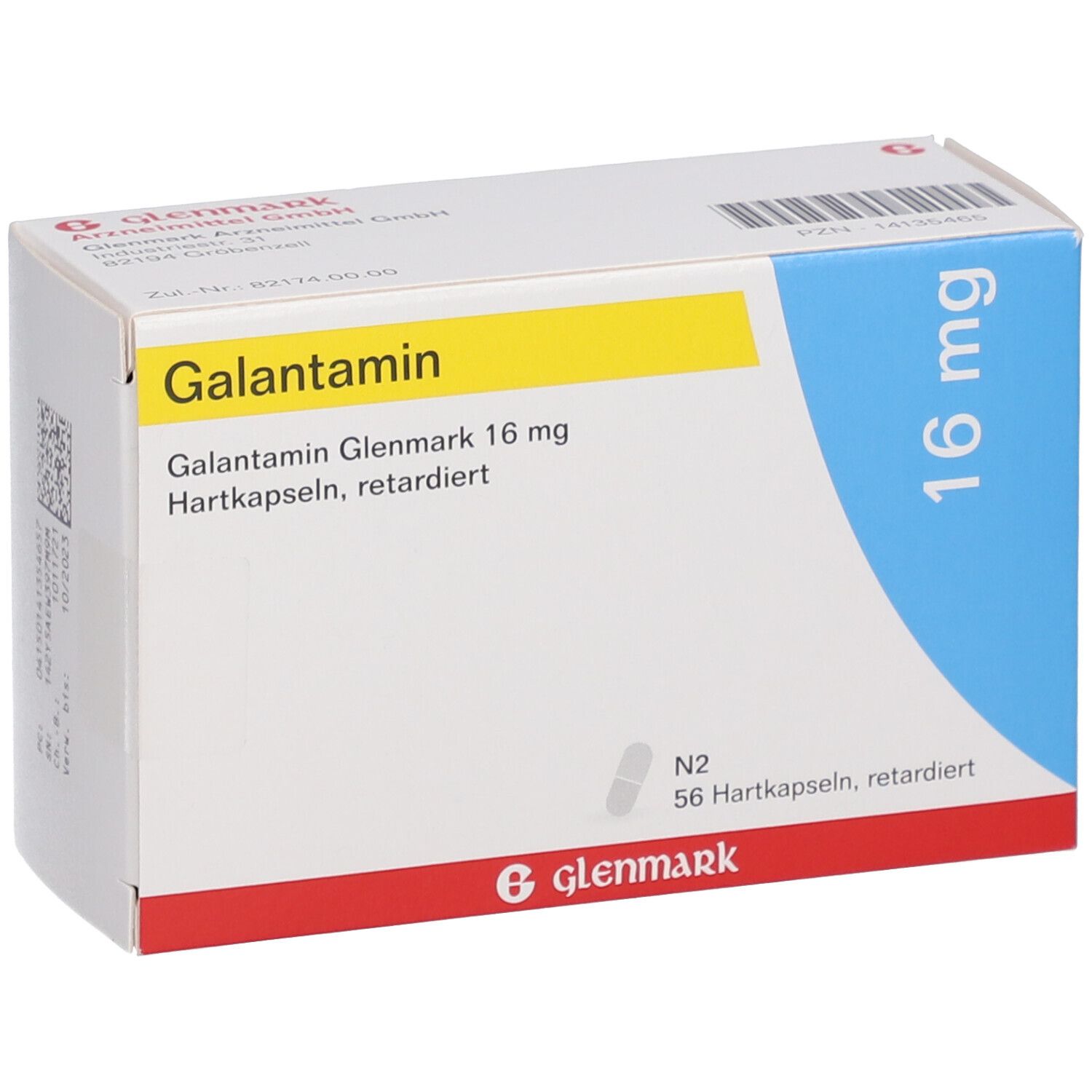 Weiß-blaue Faltschachtel mit gelbem Streifen. Aufschrift: Galantamin Glenmark 16 mg. 56 Hartkapseln, retardiert. Logo Glenmark. N2.