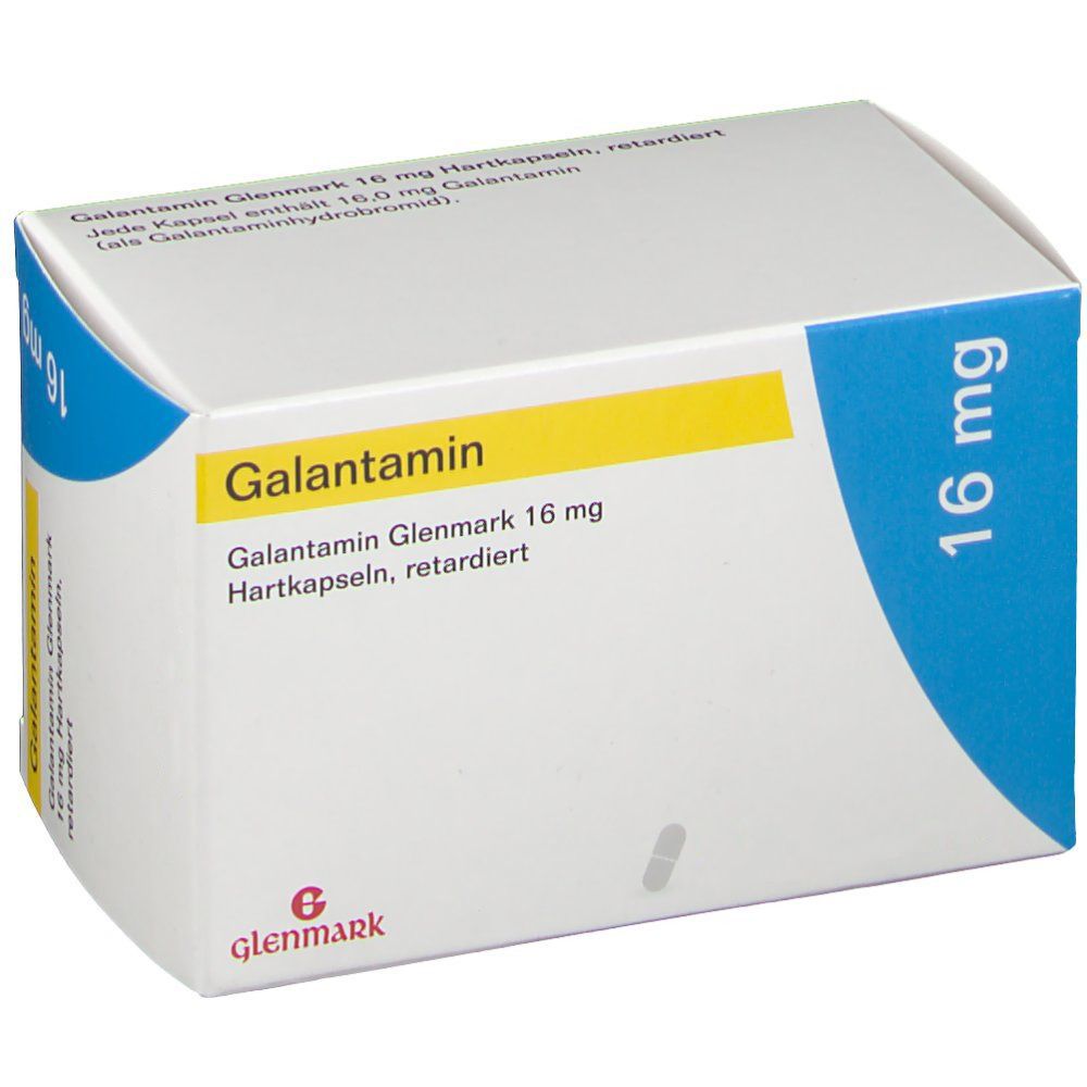 Weiß-blaue Faltschachtel mit gelbem Streifen. Aufschrift: Galantamin Glenmark 16 mg. 56 Hartkapseln, retardiert. Logo Glenmark. N2. Einzelne Kapsel.