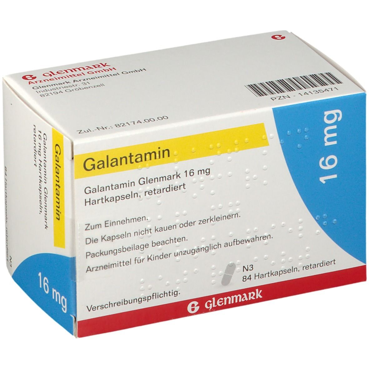 Galantamin Glenmark 16 mg Schachtel. Weiße Verpackung mit gelbem Streifen und Text. 16 mg Dosierung. 84 Hartkapseln.