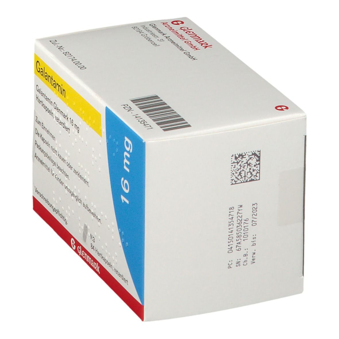 Galantamin Glenmark 16 mg Verpackung. Weiße Schachtel mit blauer Ecke und Text. 16 mg Dosierung. Rückseite.