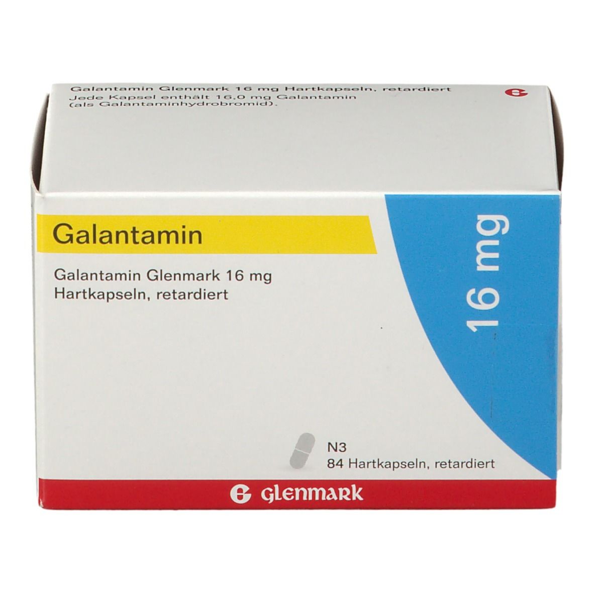 Galantamin Glenmark 16 mg Schachtel. Gelb-weiße Verpackung mit Produktnamen und Dosierung. 16 mg Dosierung.