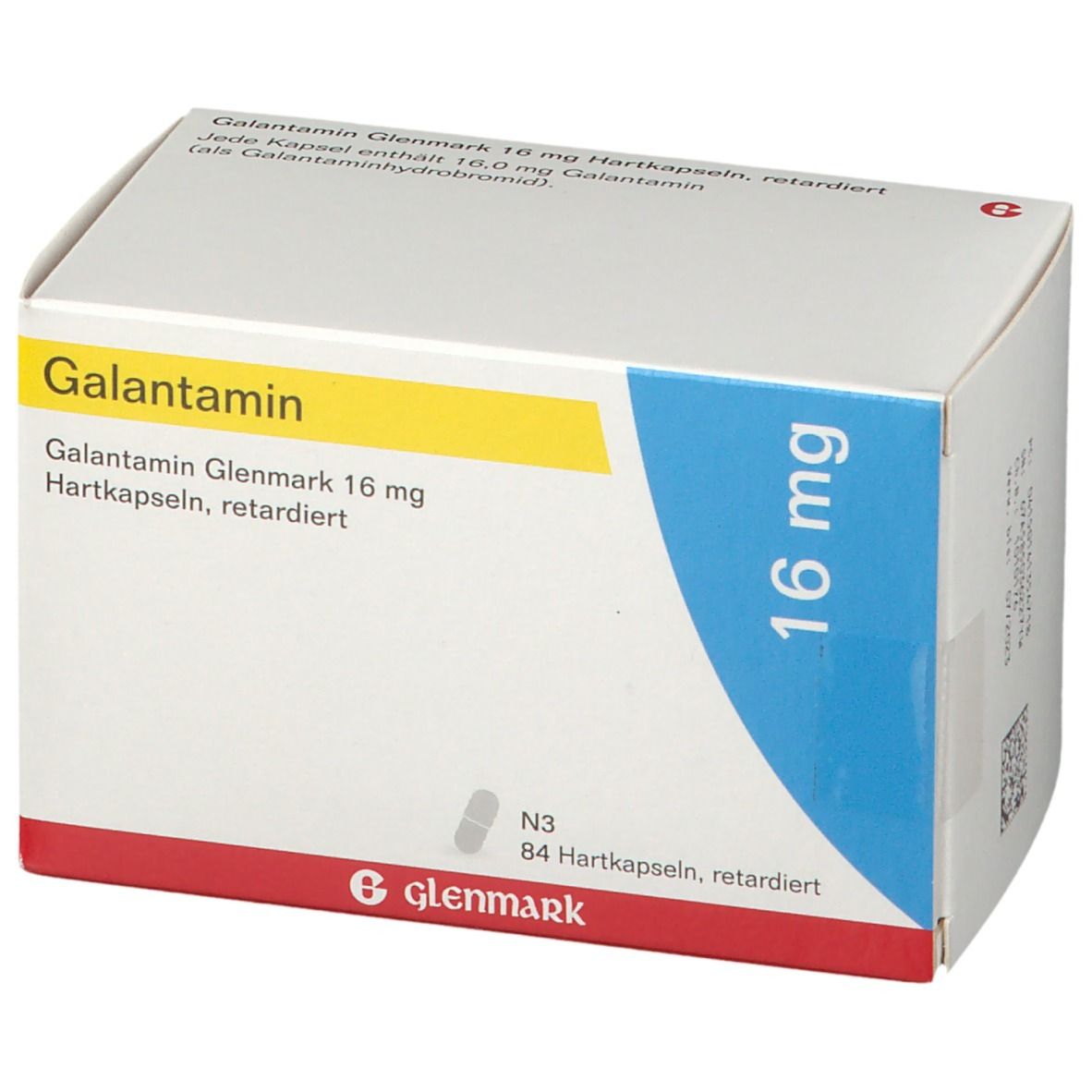 Galantamin Glenmark 16 mg Schachtel. Gelb-weiße Verpackung mit Produktnamen und Dosierung. 16 mg Dosierung.