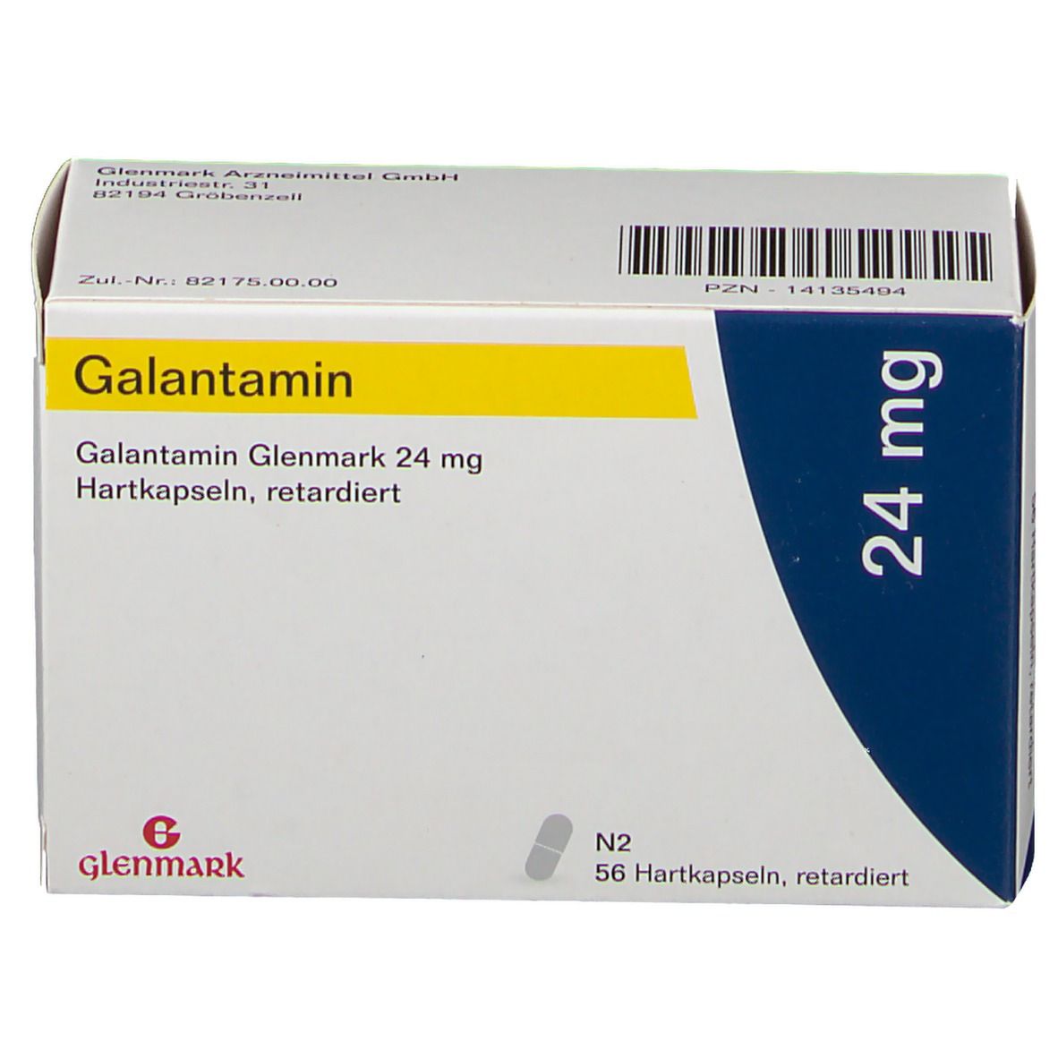 Schachtel mit Galantamin Glenmark 24 mg. Aufschrift: 56 Hartkapseln, retardiert. Marke Glenmark.