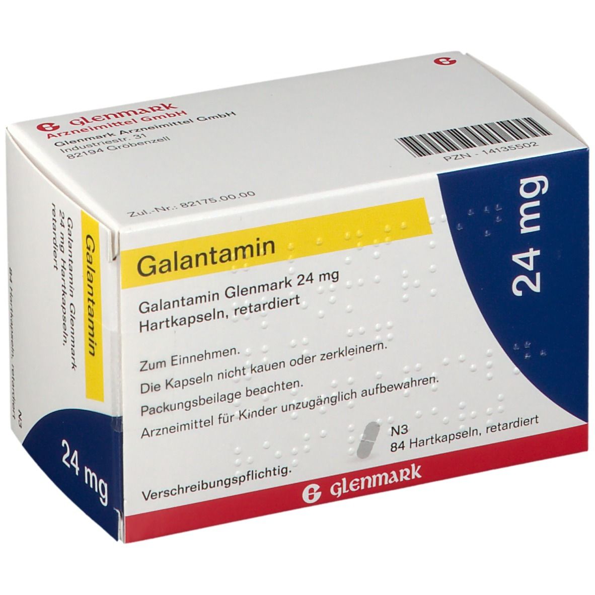 Schachtel mit Galantamin Glenmark 24 mg Hartkapseln. Aufschrift: 24 mg, N3, 84 Hartkapseln, retardiert. Logo Glenmark.