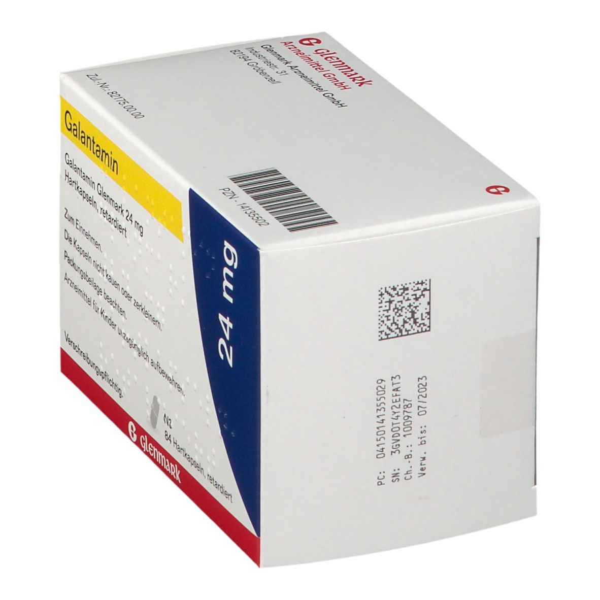 Schachtel mit Galantamin Glenmark 24 mg. Aufschrift: 24 mg. Rückseite mit Informationen und Glenmark-Logo.