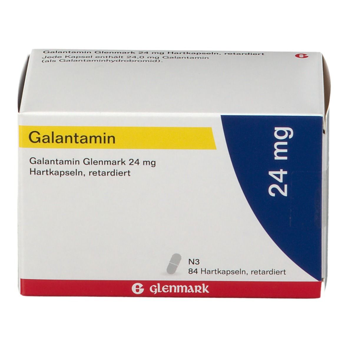 Schachtel mit Galantamin Glenmark 24 mg Hartkapseln. Aufschrift: 24 mg, N3, 84 Hartkapseln, retardiert. Logo Glenmark.
