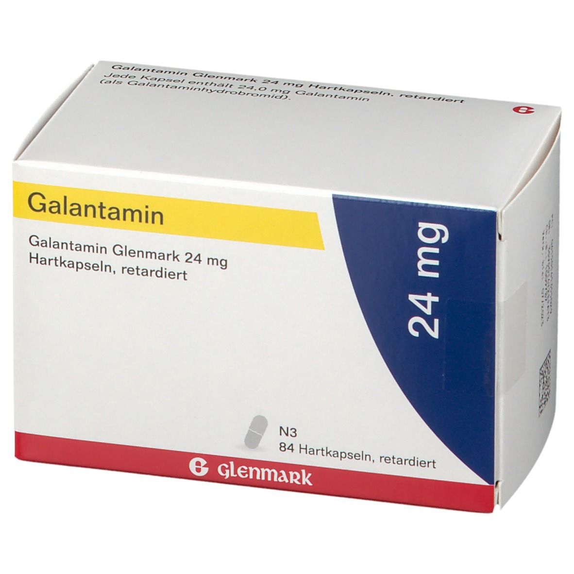 Schachtel mit Galantamin Glenmark 24 mg. Aufschrift: 24 mg. Rückseite mit Informationen und Glenmark-Logo.