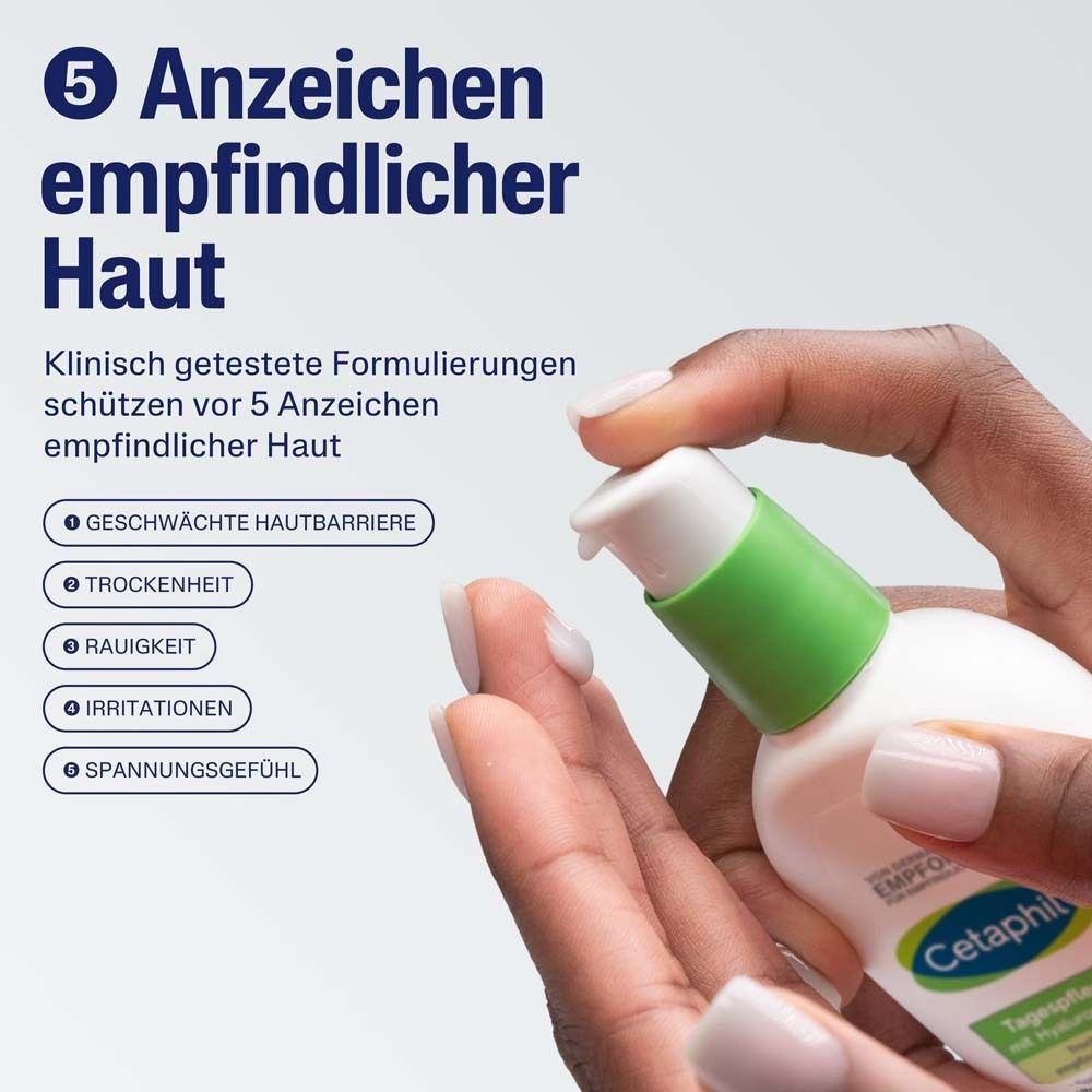 Frau drückt Creme aus Flasche. Text: 5 Anzeichen empfindlicher Haut. Geschwächte Hautbarriere, Trockenheit, etc.
