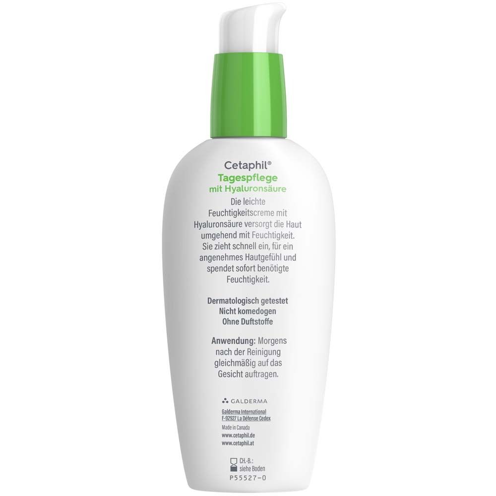 Rückseite der Flasche. Text: Cetaphil Tagespflege mit Hyaluronsäure. Anwendung: Morgens auf das Gesicht auftragen.