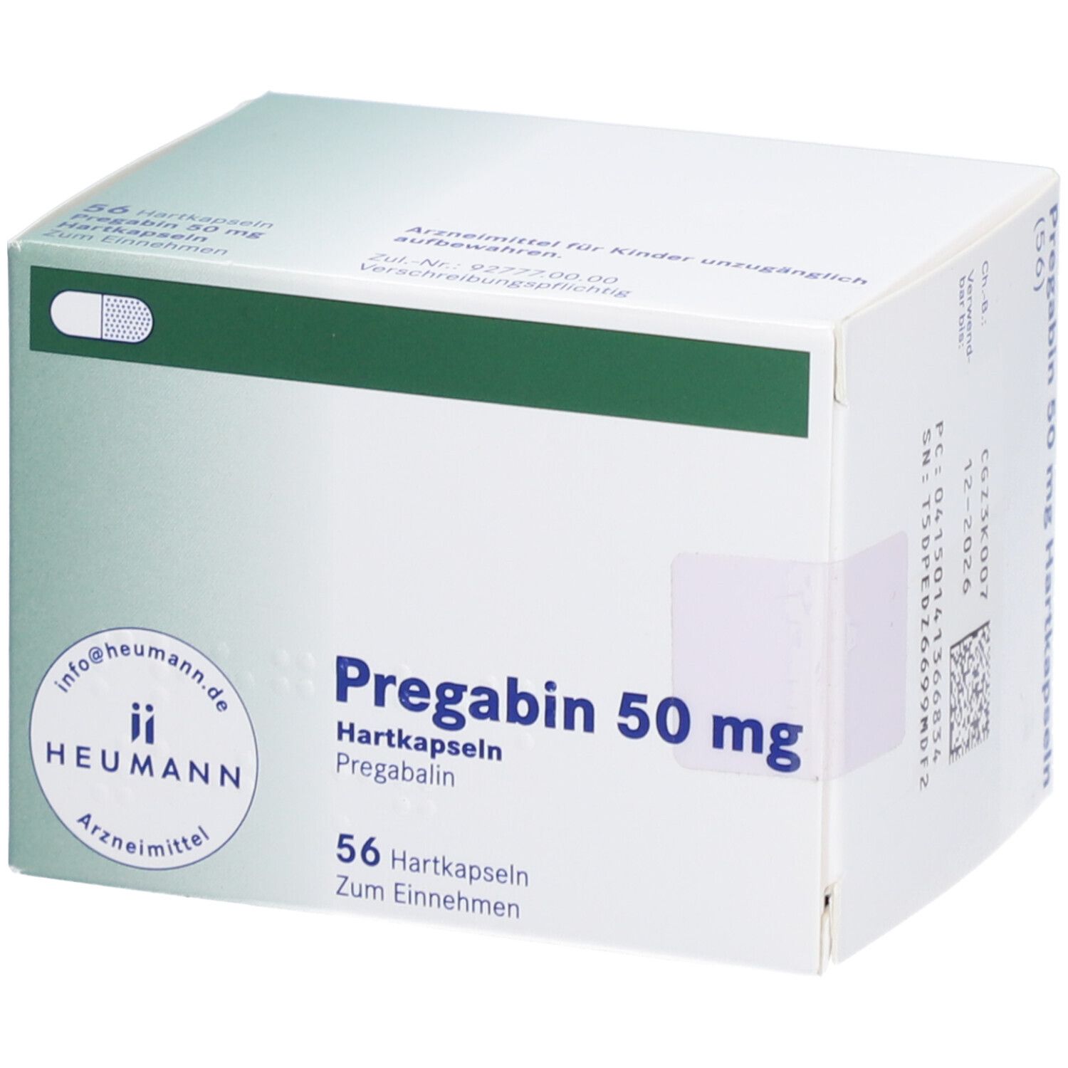 Schachtel mit PREGABIN 50 mg Hartkapseln. Aufschrift: 56 Hartkapseln. Marke: HEUMANN. Grün-weiße Verpackung.