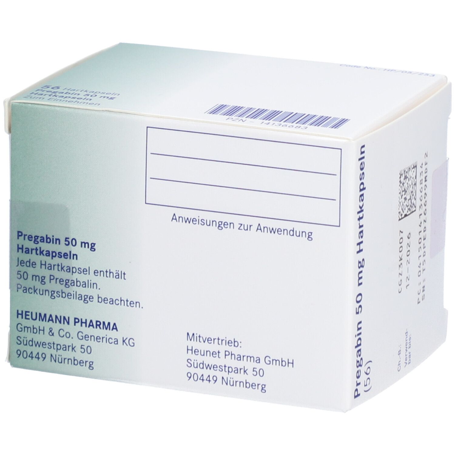 Schachtel mit PREGABIN 50 mg Hartkapseln. Aufschrift: 56 Hartkapseln. Marke: HEUMANN. Grün-weiße Verpackung.