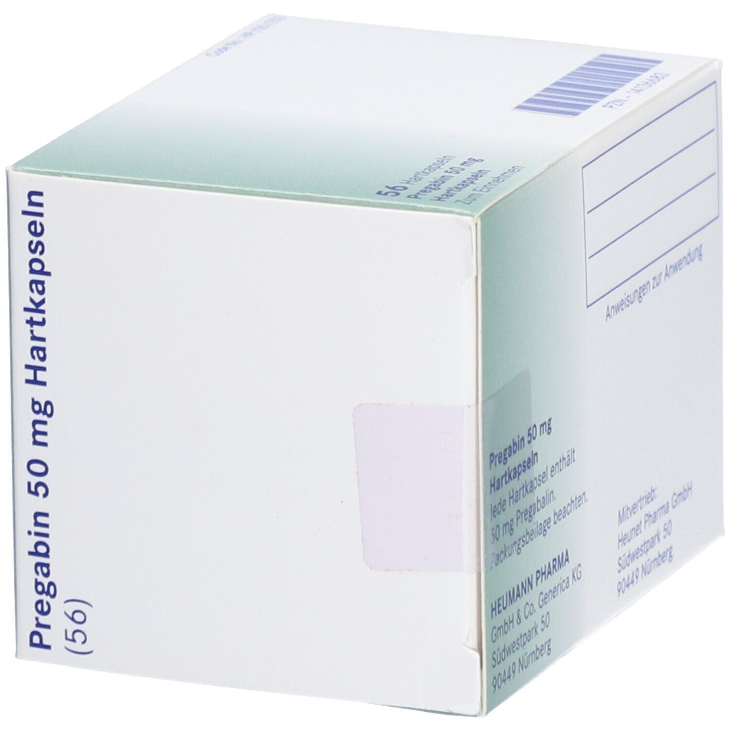 Schachtel mit PREGABIN 50 mg Hartkapseln. Aufschrift: 56 Hartkapseln. Marke: HEUMANN. Grün-weiße Verpackung.
