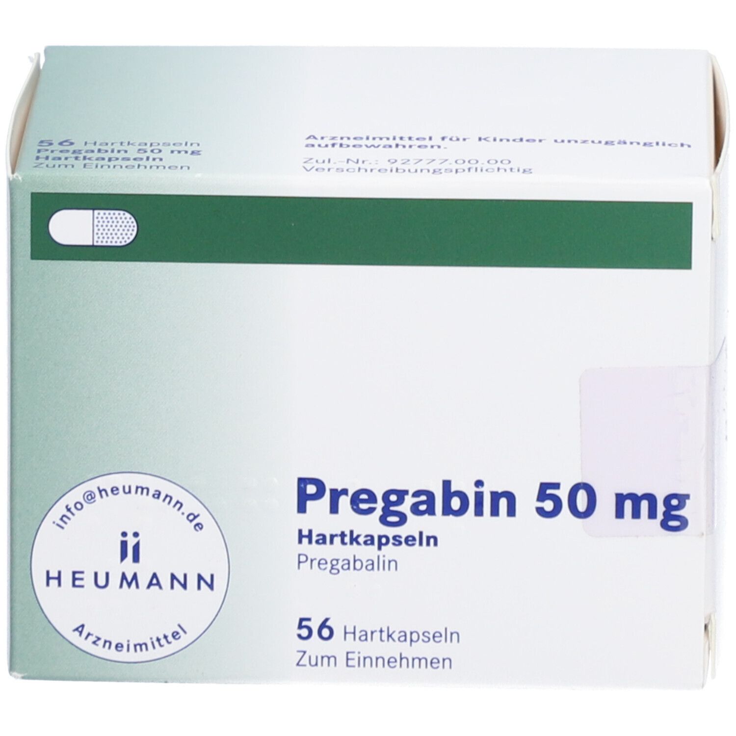 Schachtel mit PREGABIN 50 mg Hartkapseln. Aufschrift: 56 Hartkapseln. Marke: HEUMANN. Grün-weiße Verpackung.