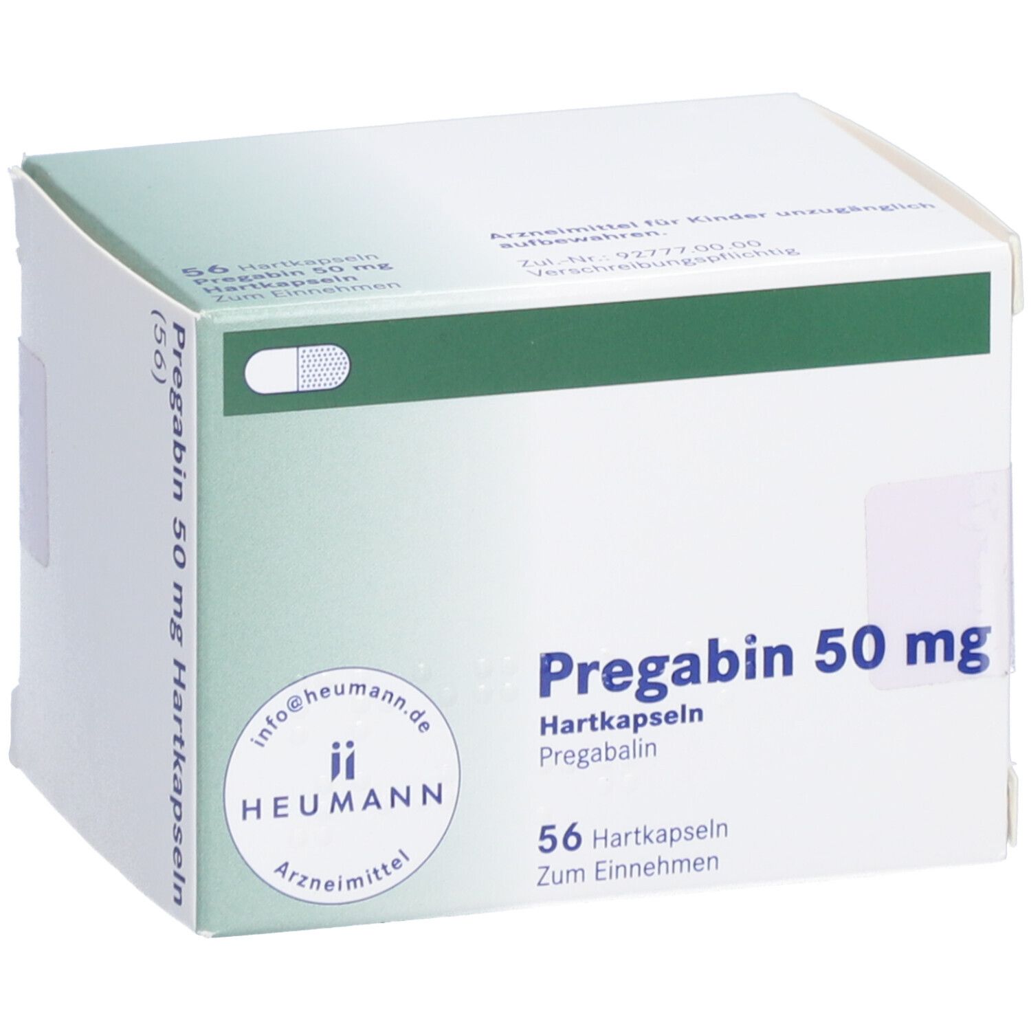 Schachtel mit PREGABIN 50 mg Hartkapseln. Aufschrift: 56 Hartkapseln. Marke: HEUMANN. Grün-weiße Verpackung.