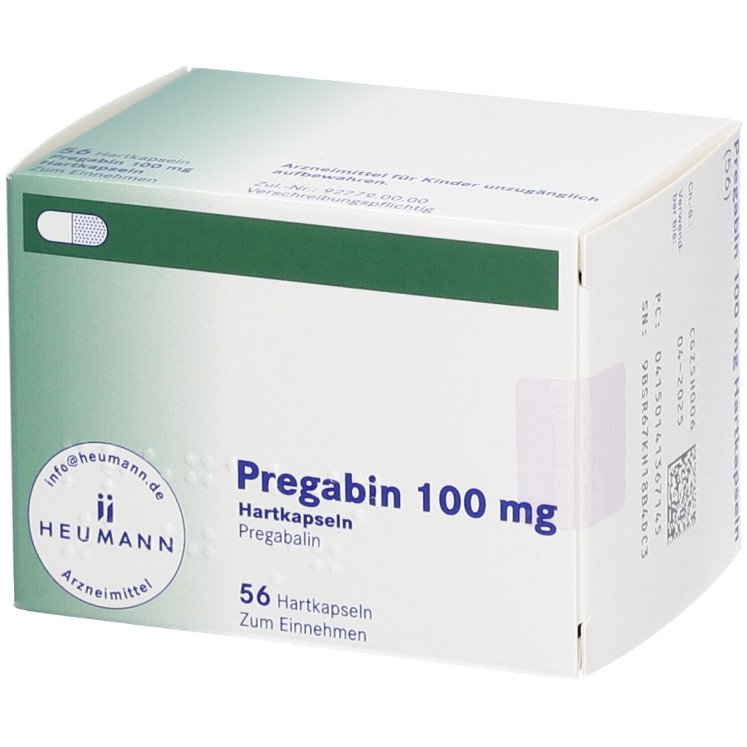 Schachtel mit PREGABIN 100 mg Hartkapseln. Aufschrift: 56 Hartkapseln. Hersteller: HEUMANN. Grün-weiße Verpackung.