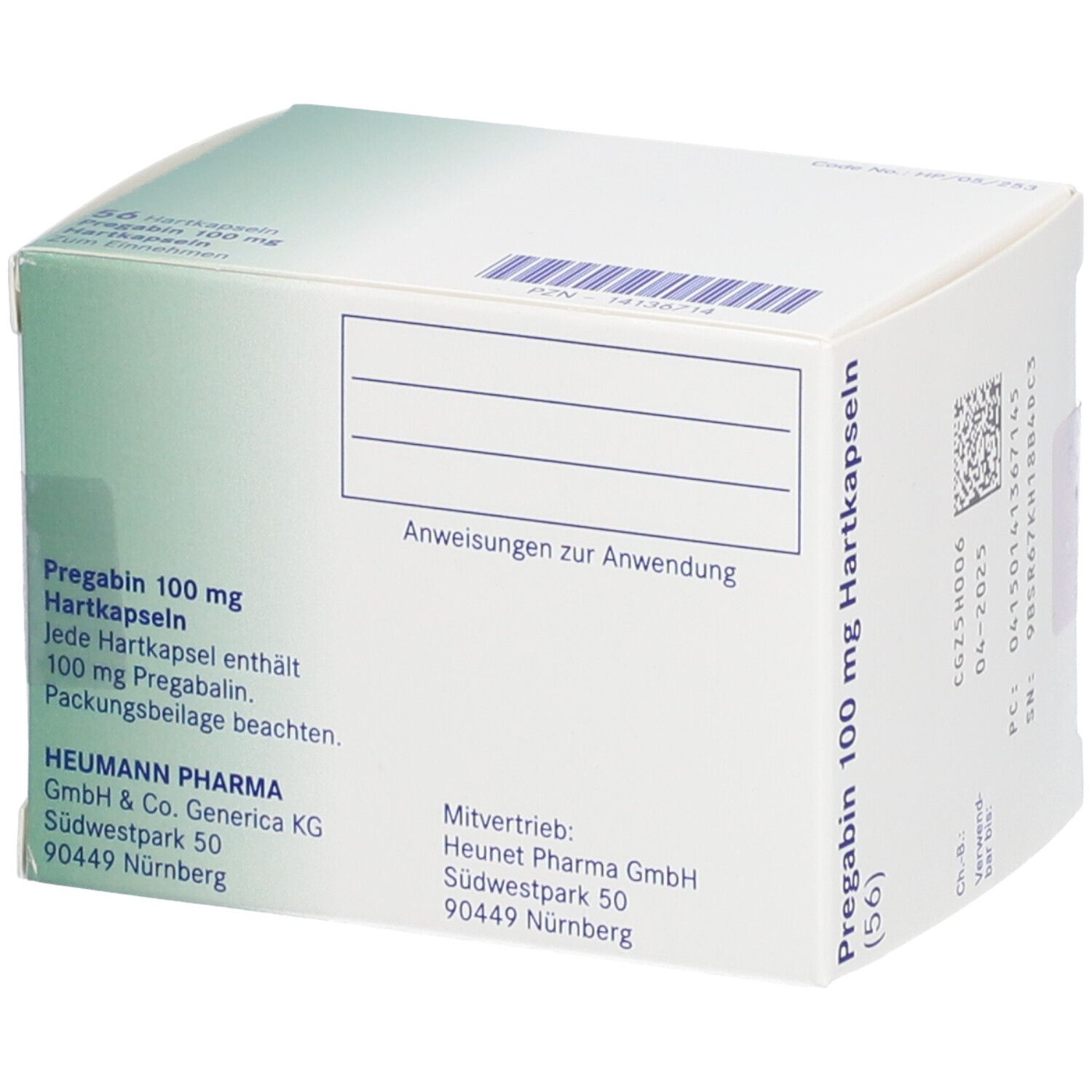 Rückseite der PREGABIN 100 mg Hartkapseln-Verpackung. Angaben zur Anwendung und Herstellerinformationen. Grün-weiße Verpackung.