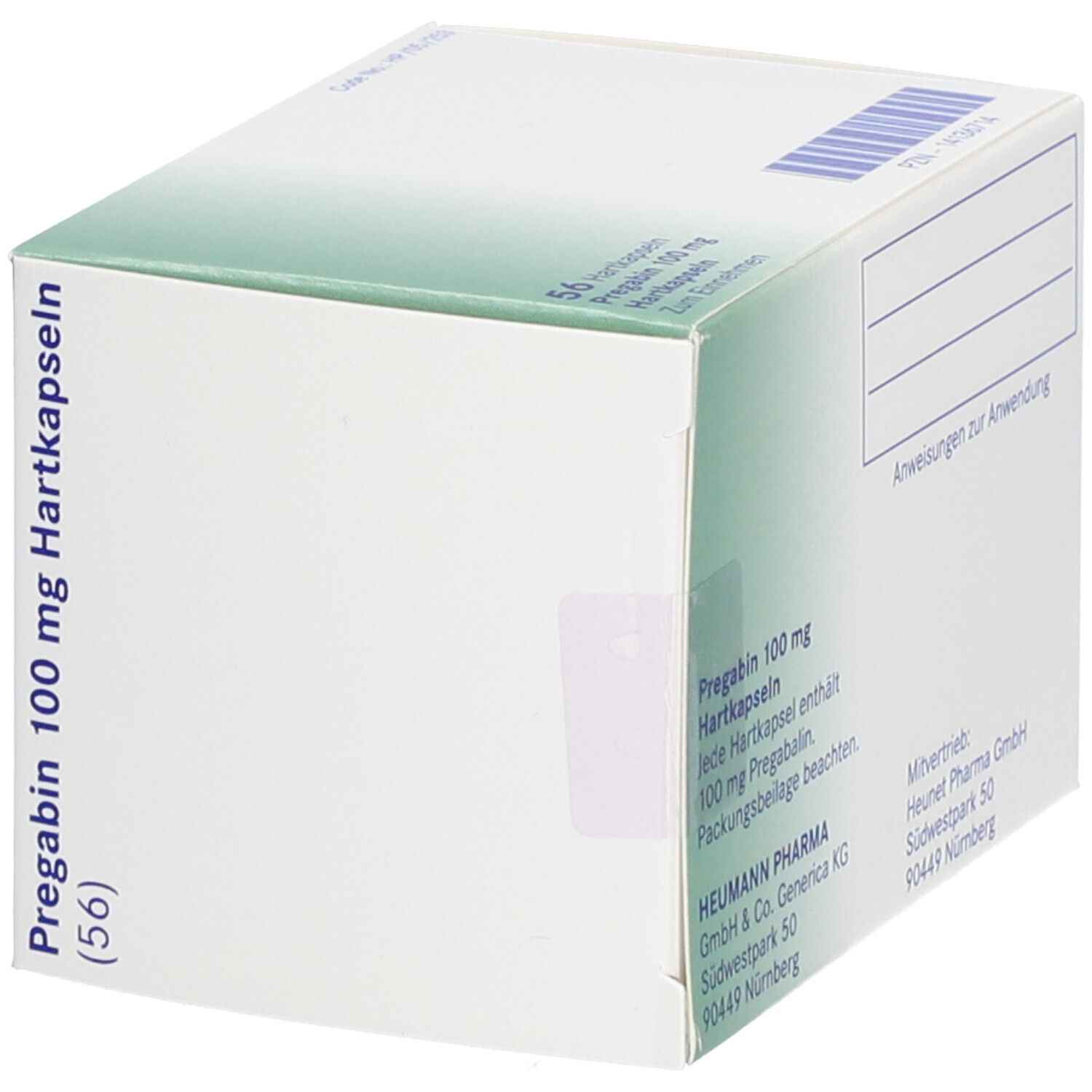 Verpackung von PREGABIN 100 mg Hartkapseln. Angaben zur Anwendung und Herstellerinformationen. Grün-weiße Verpackung.