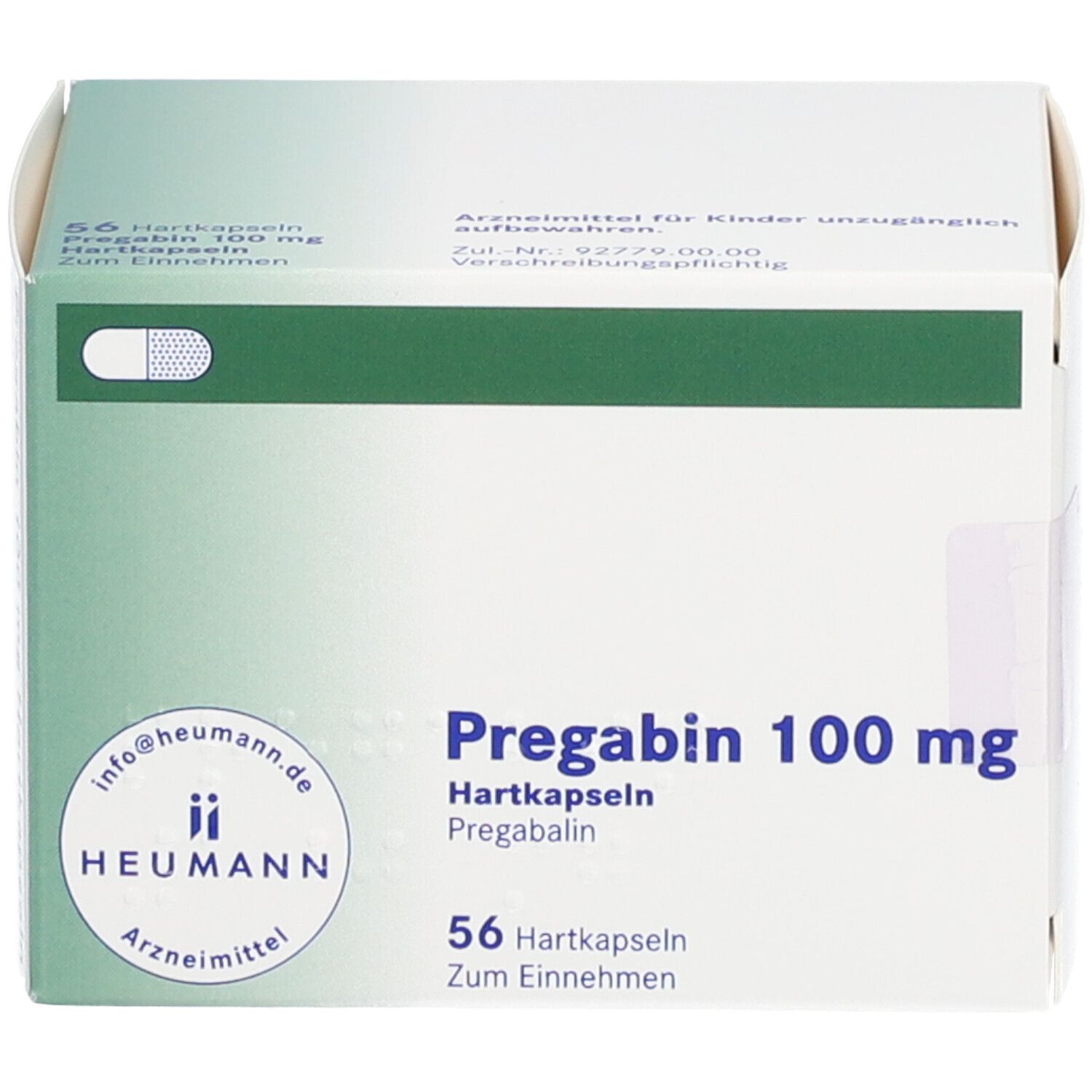 Schachtel mit PREGABIN 100 mg Hartkapseln. Aufschrift: 56 Hartkapseln. Hersteller: HEUMANN. Grün-weiße Verpackung.