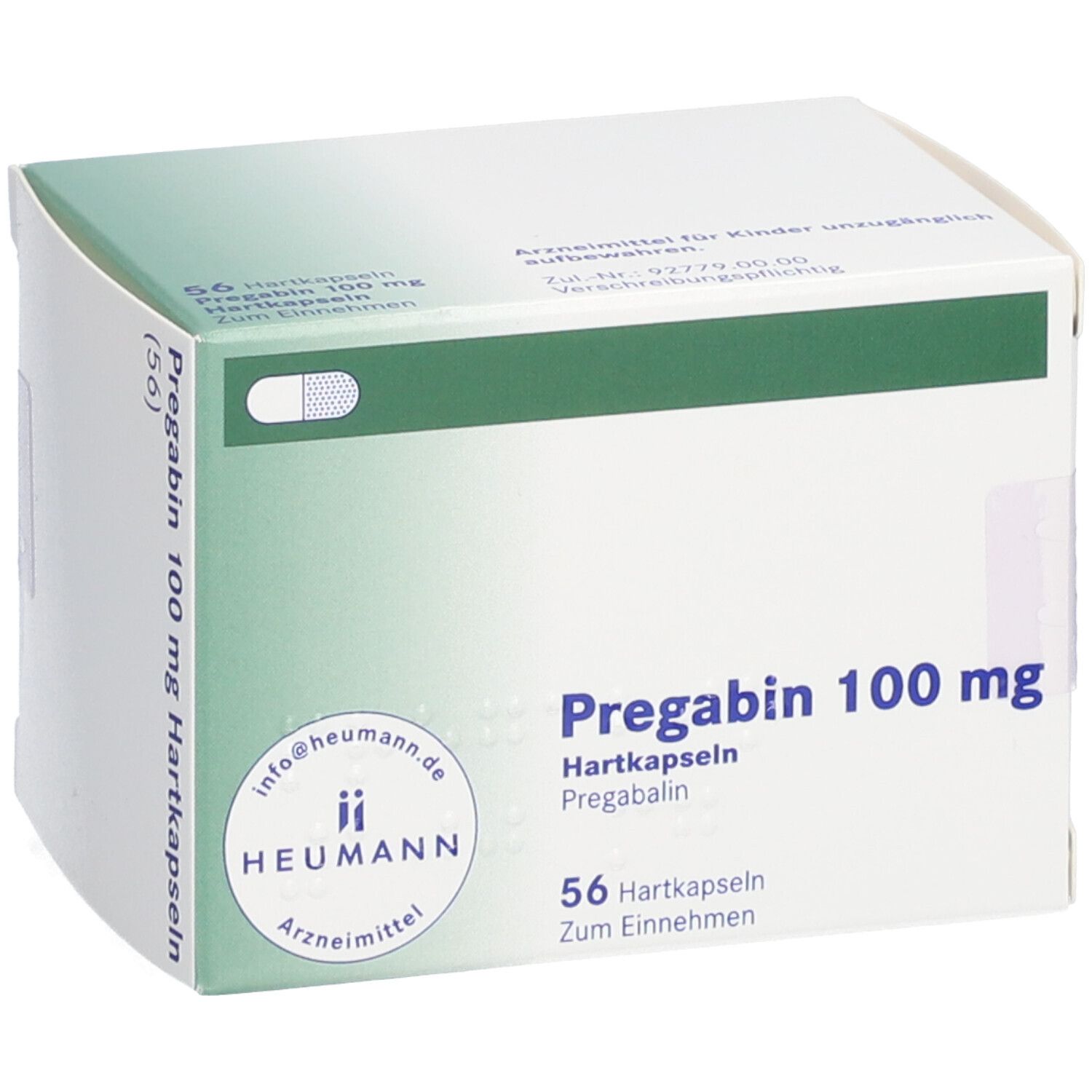 Schachtel mit PREGABIN 100 mg Hartkapseln. Aufschrift: 56 Hartkapseln. Hersteller: HEUMANN. Grün-weiße Verpackung.