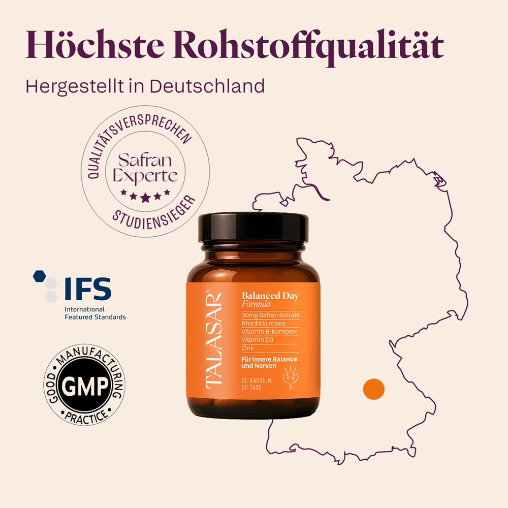 TALASAR Balanced Day Formula Kapseldose vor einer Deutschlandkarte. Siegel: IFS, GMP, Safranken Experte. Text: Höchste Rohstoffqualität. Hergestellt in Deutschland.