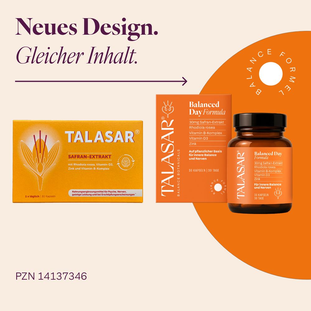 TALASAR Safral-Extrakt Faltschachtel und Kapseldose. Text: Neues Design. Gleicher Inhalt. PZN 14137346.