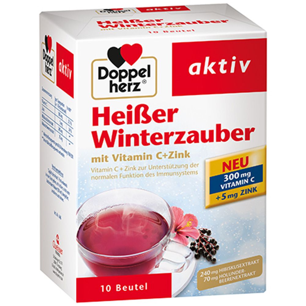 Doppelherz® heißer Winterzauber, Packung mit 10 Beuteln. Enthält Vitamin C + Zink. Abbildung eines Getränks im Glas.