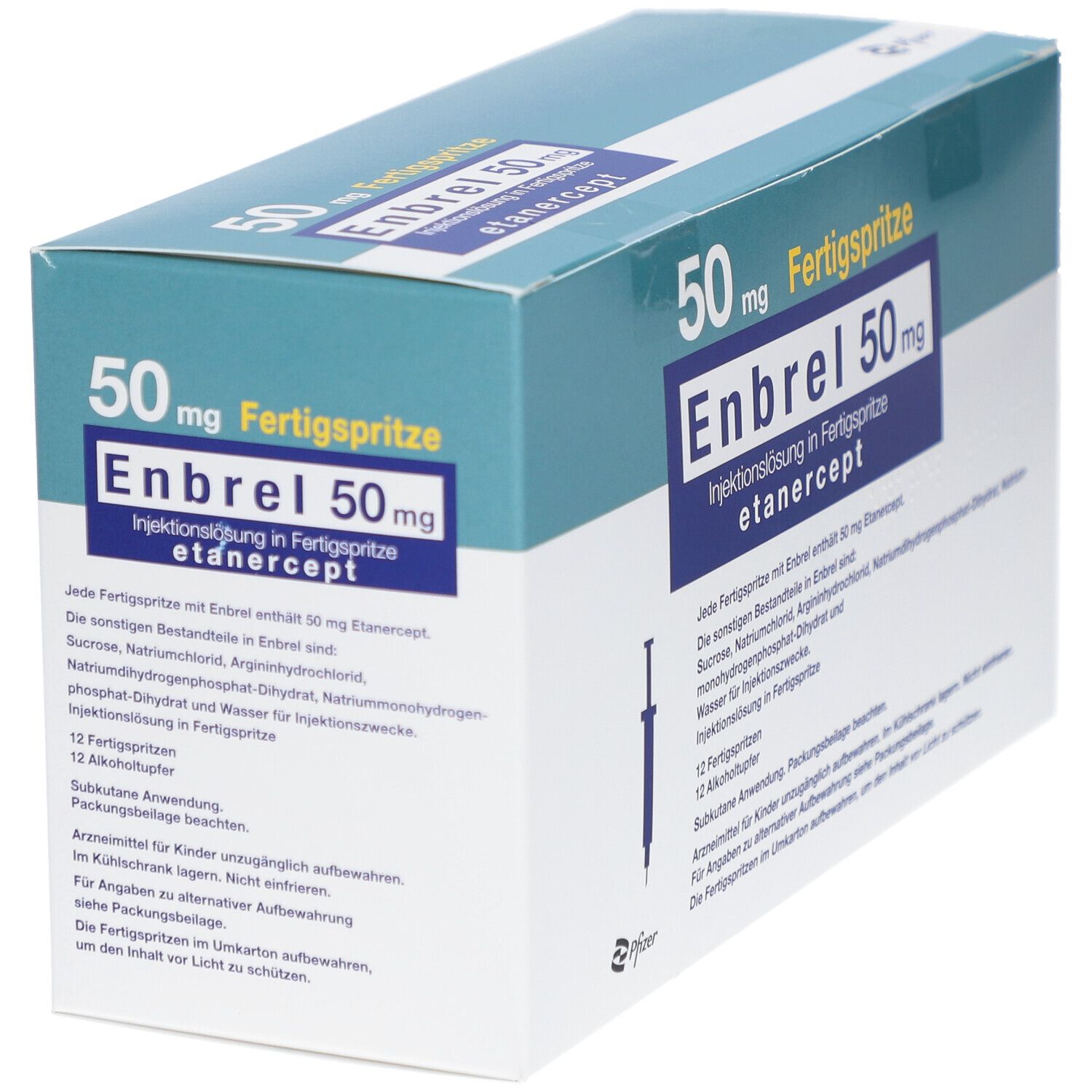 Karton mit Produktaufdruck: Enbrel 50 mg Fertigspritze. Blaue und weiße Farbgebung. Pfizer-Logo.