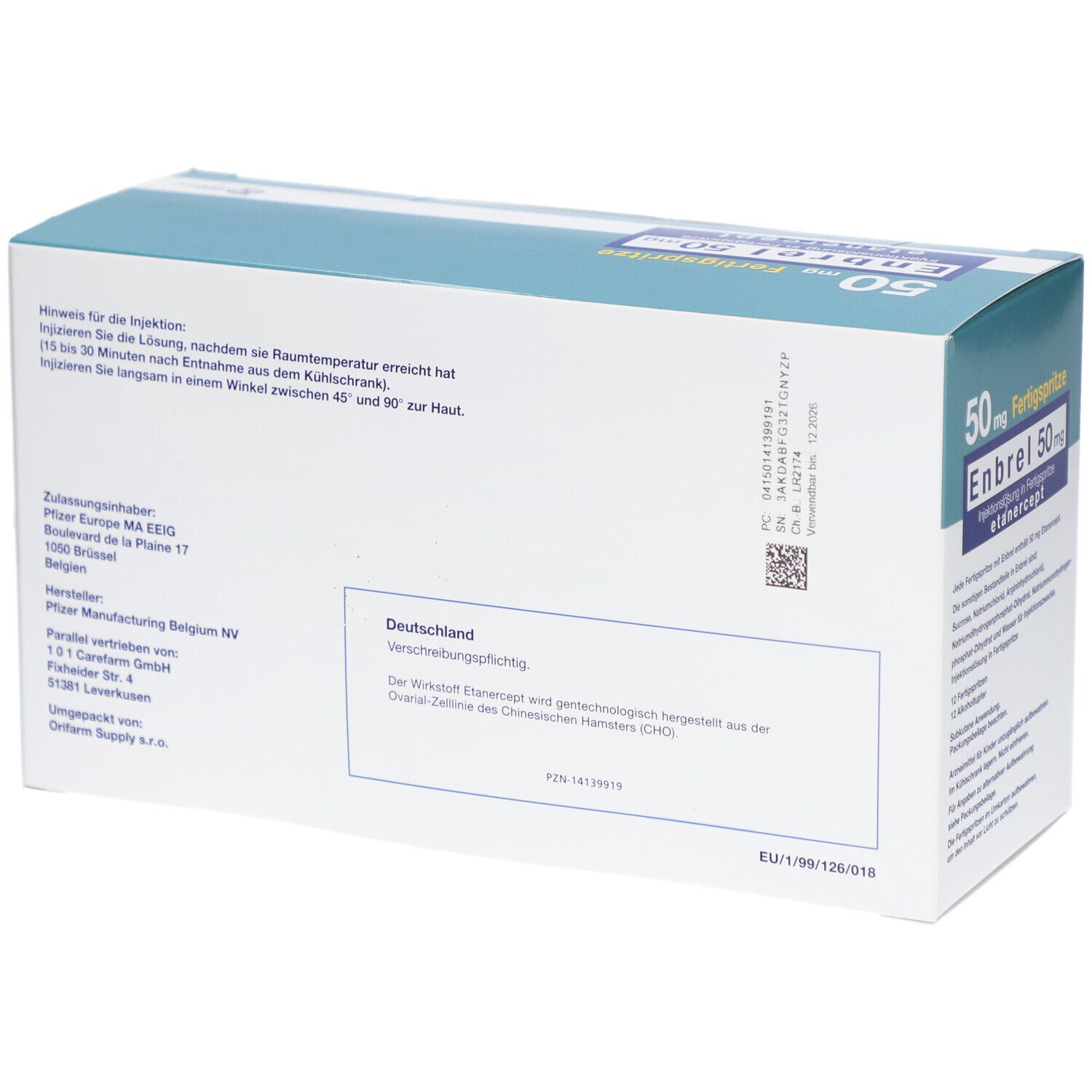 Rückseite der Produktverpackung. Textinformationen in deutscher Sprache. Herstellerinformationen und Chargennummer.